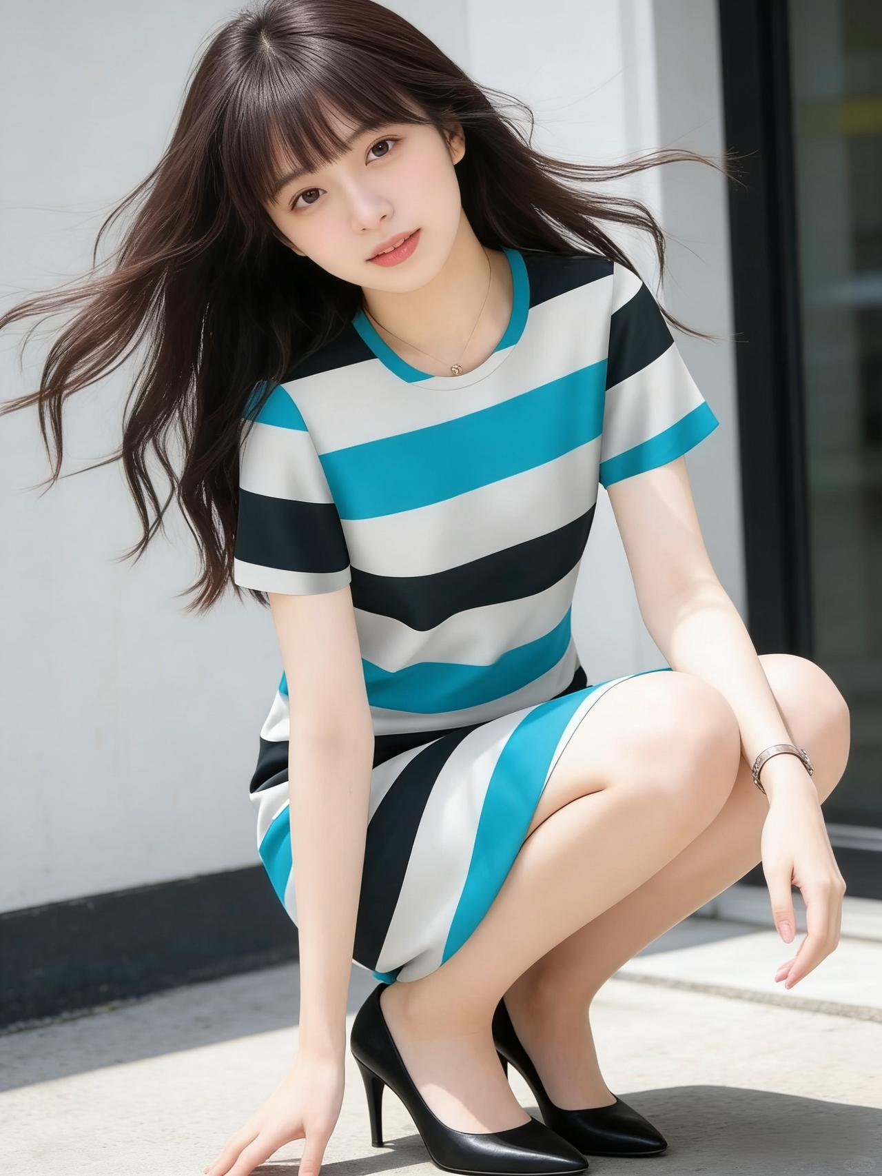 蓝白黑条纹连衣裙，清新如海风，条纹元素带来活泼律动感。搭配黑色高跟鞋，瞬间提升气