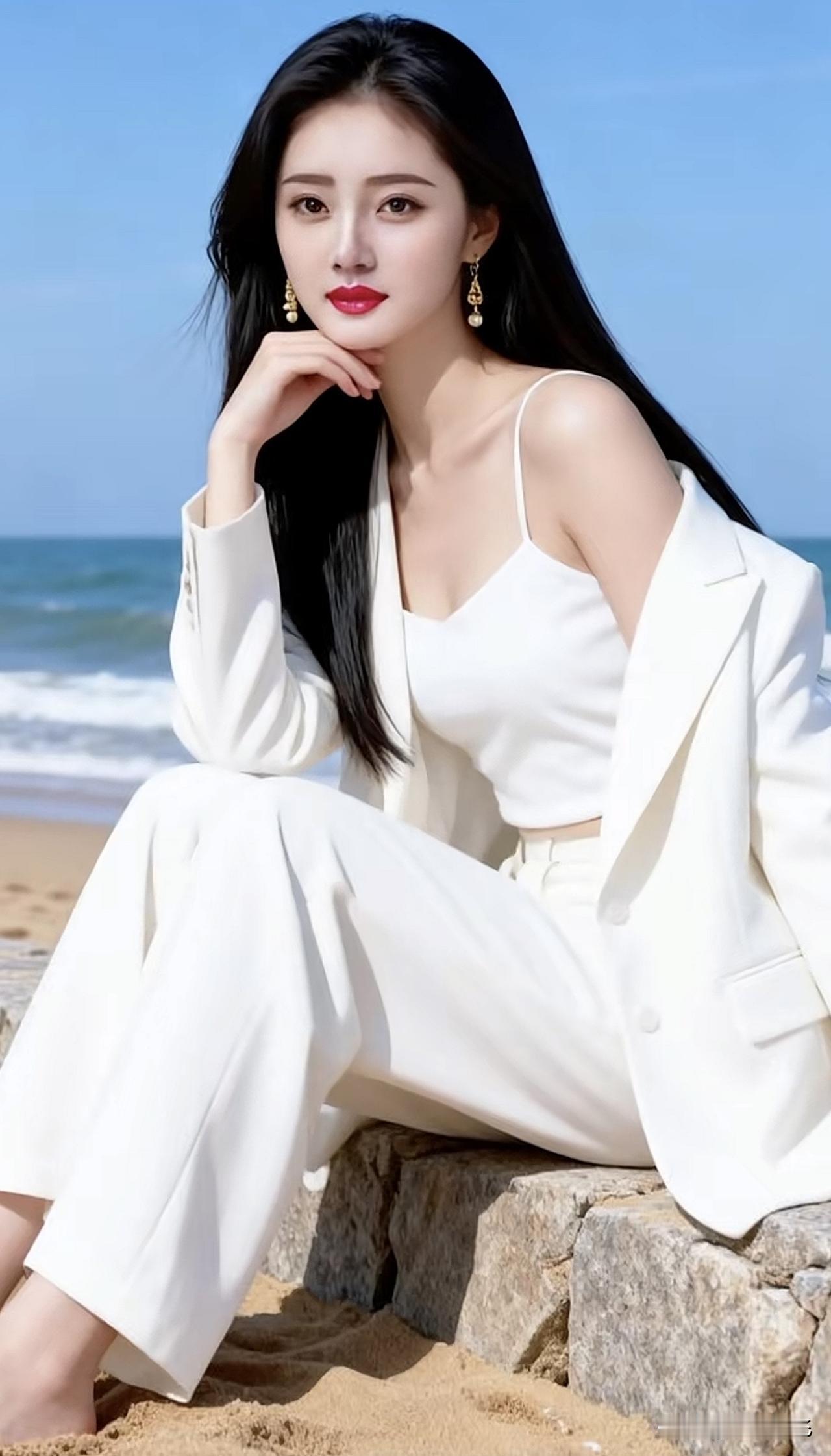 沙滩上的优雅白衣美人，海风轻拂，美不胜收！🌊💃沙滩白裙少女海风美人照沙滩