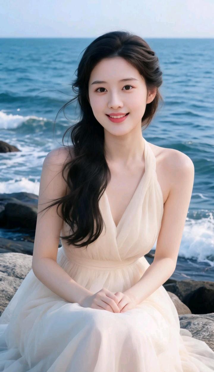 海边少女，温柔微笑，海风轻拂，裙摆飘扬。比基尼和泳装哪种适合游泳?海边度假少女