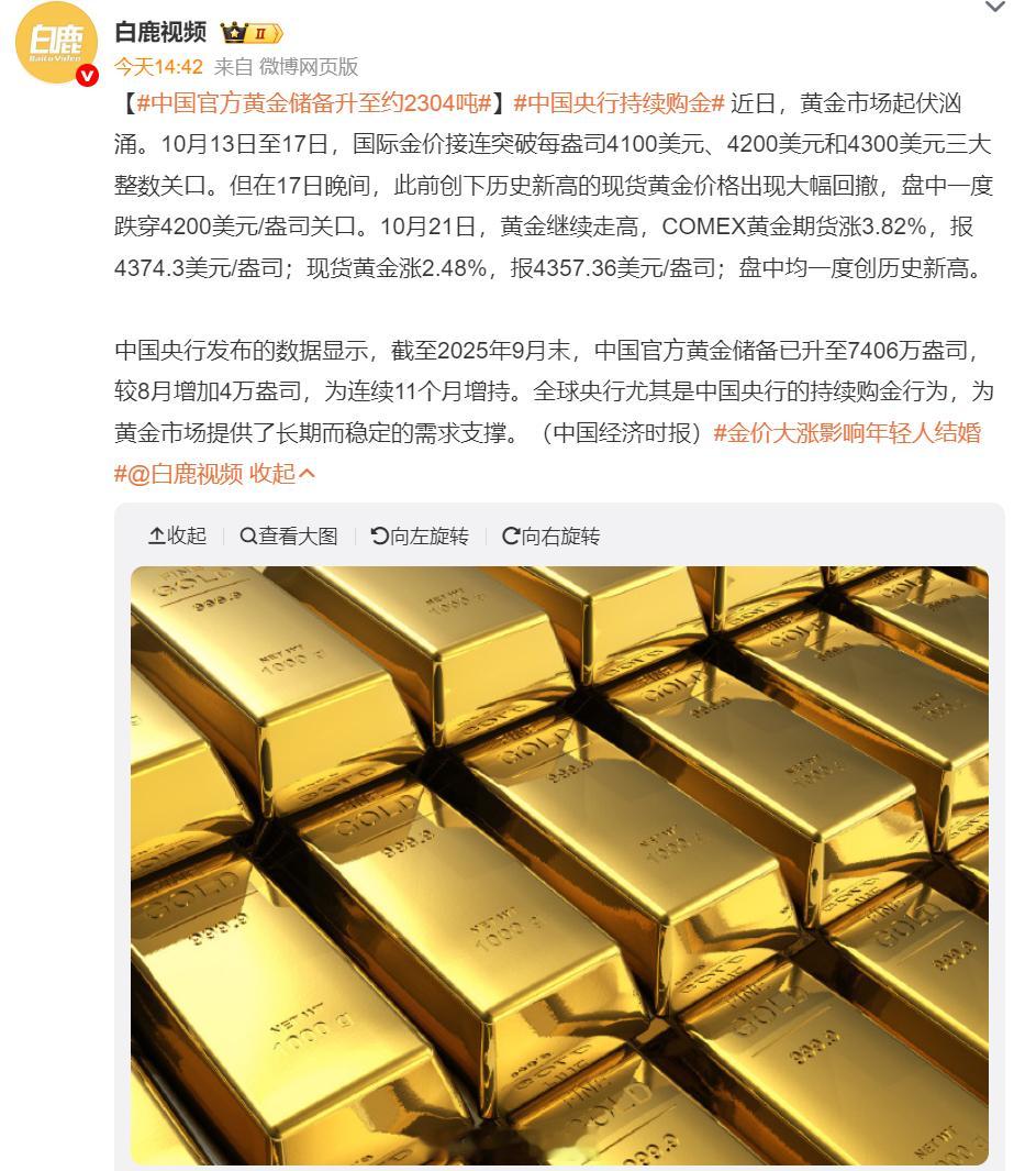 中国官方黄金储备升至约2304吨烽火问鼎计划当前全球官方黄金储备前十排行：1美