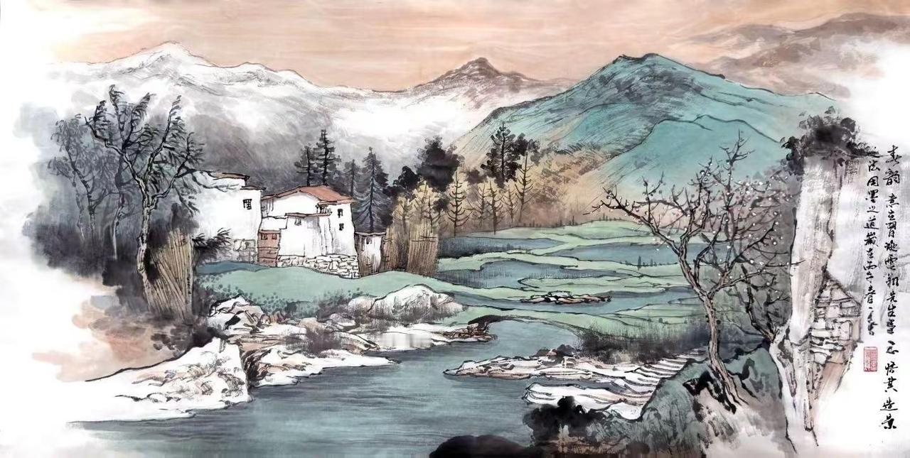 春韵。手绘山水国画挑战书画欣赏国画山水水墨画尺寸：100×50厘米