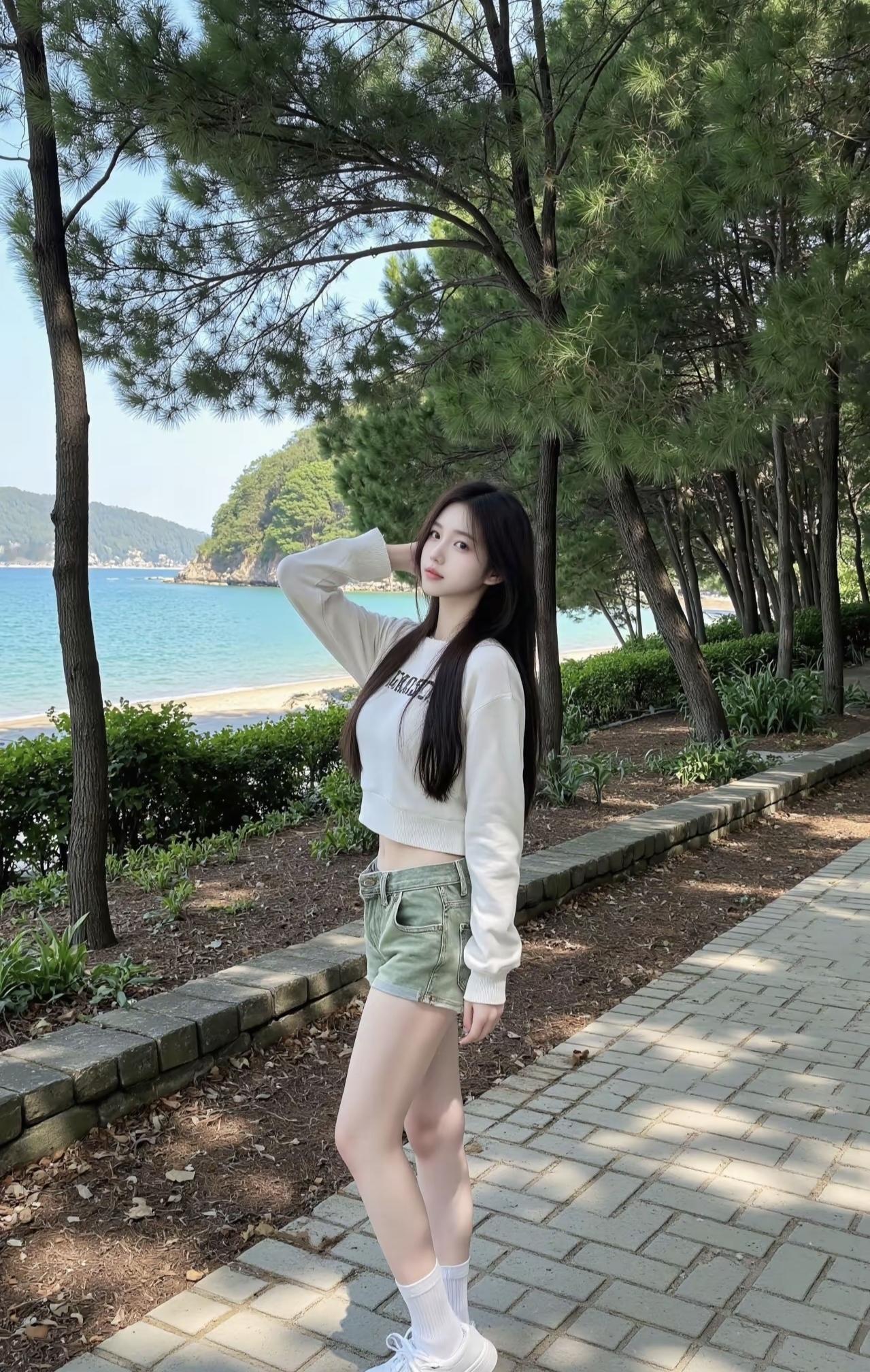 林间步道浸着海的风，白衫和薄荷色短裤刚好接住夏天的松弛感。远处蓝得发透的浪，是今