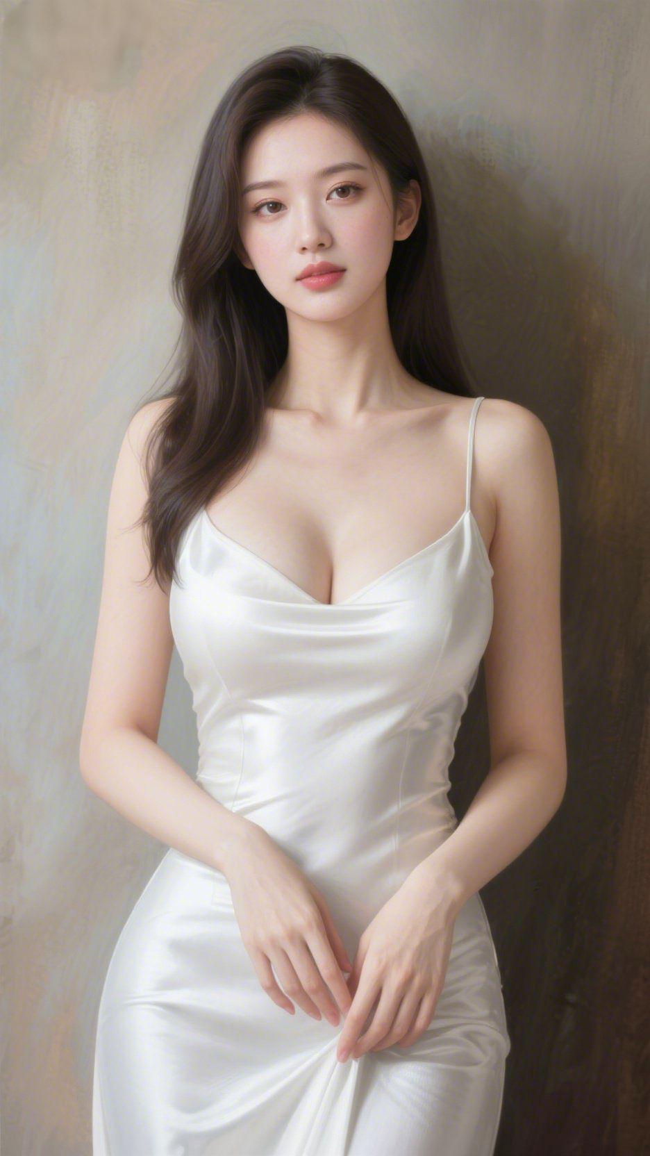 素简见本心素白缎面裙装裹挟着月光般的清宁，柔和的面料在光影中晕开细腻的光泽