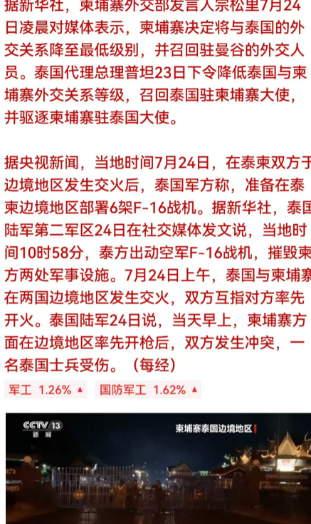 军工大利好！泰国和柬埔寨竟然交火了？那么明天军工板块不得有望顺势迎来大涨？刚