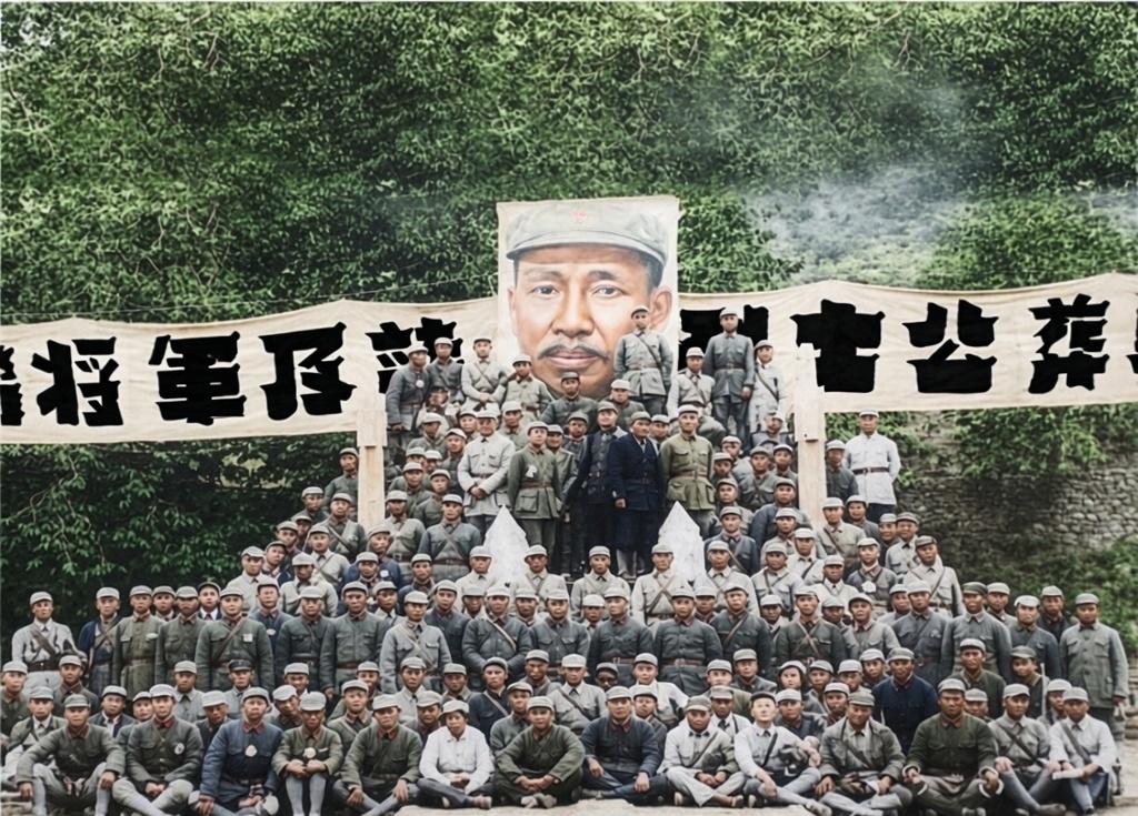 1942年10月10日，刘伯承（高台上站立者前排左一）与八路军总部人员在左权将军