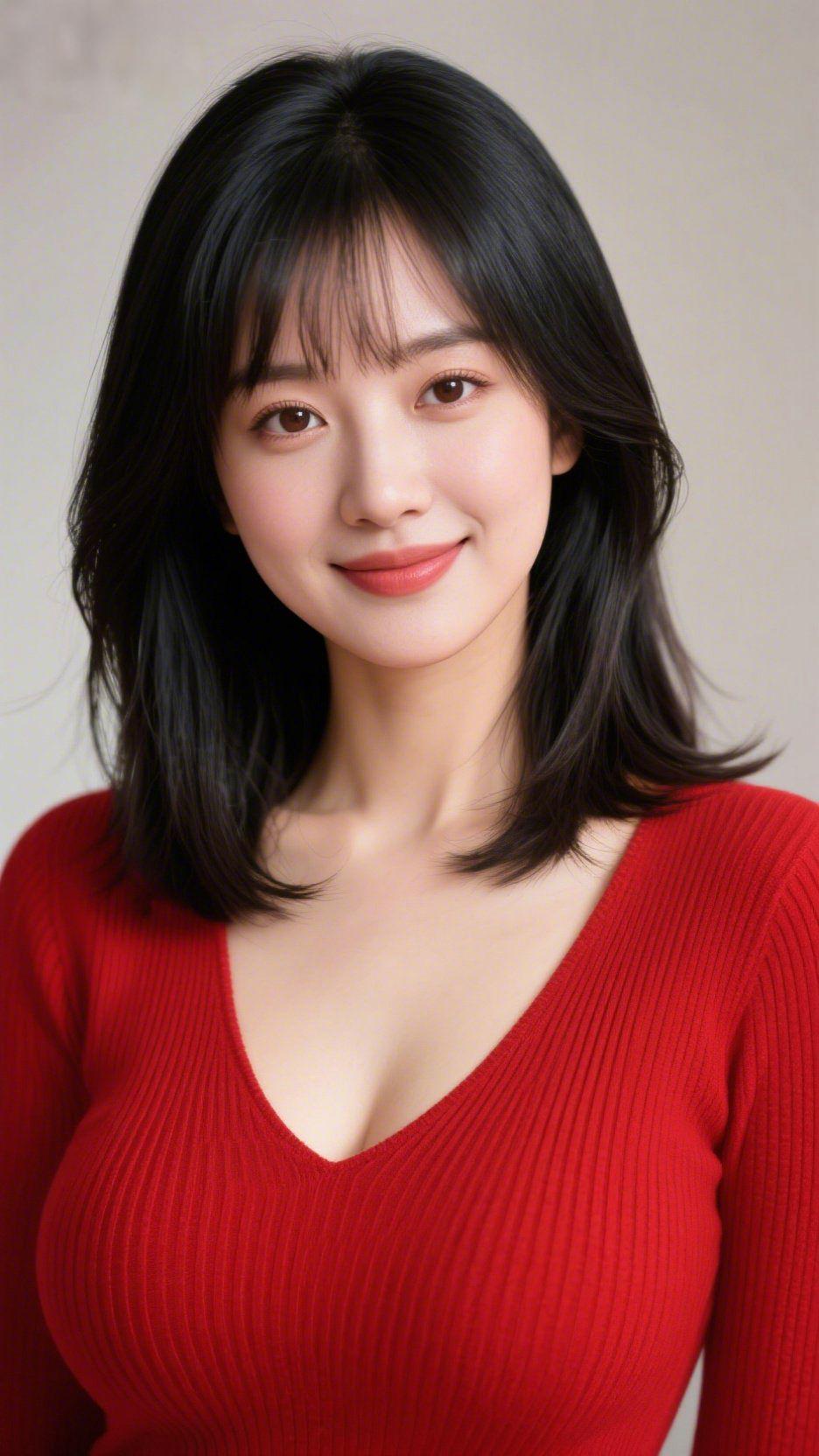 红衫衬柔容暖光裹着她的红衫，像把晴日的温煦织进了衣间纹理里。墨色发梢恰好垂