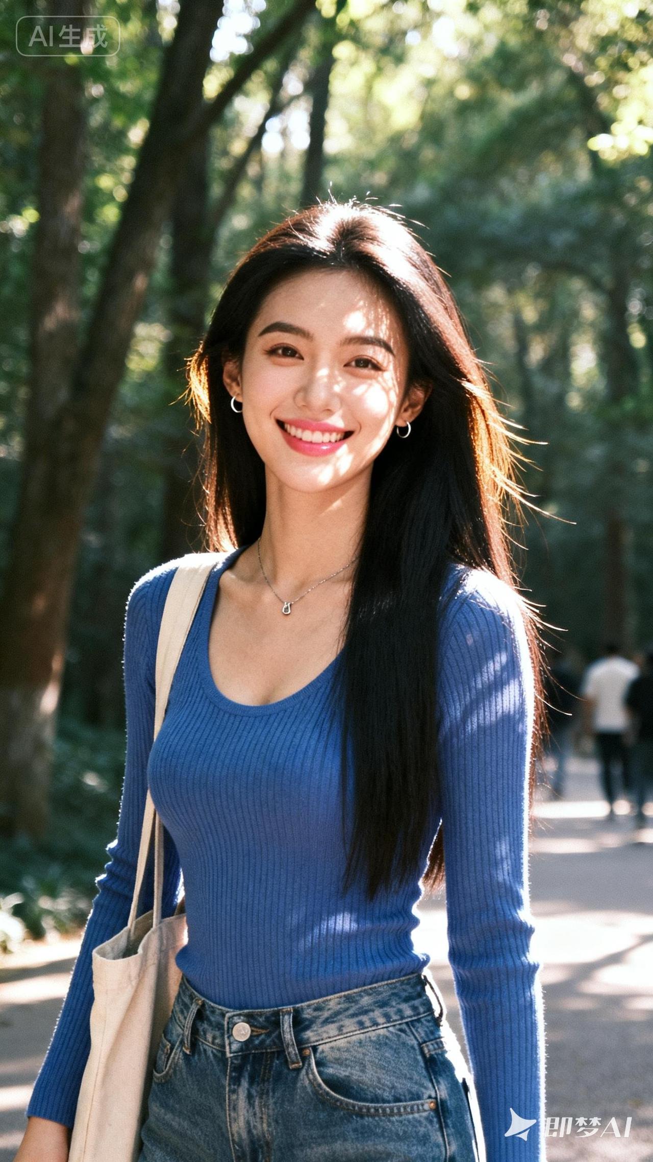 笑靥如花映绿树，清风拂面心自怡。