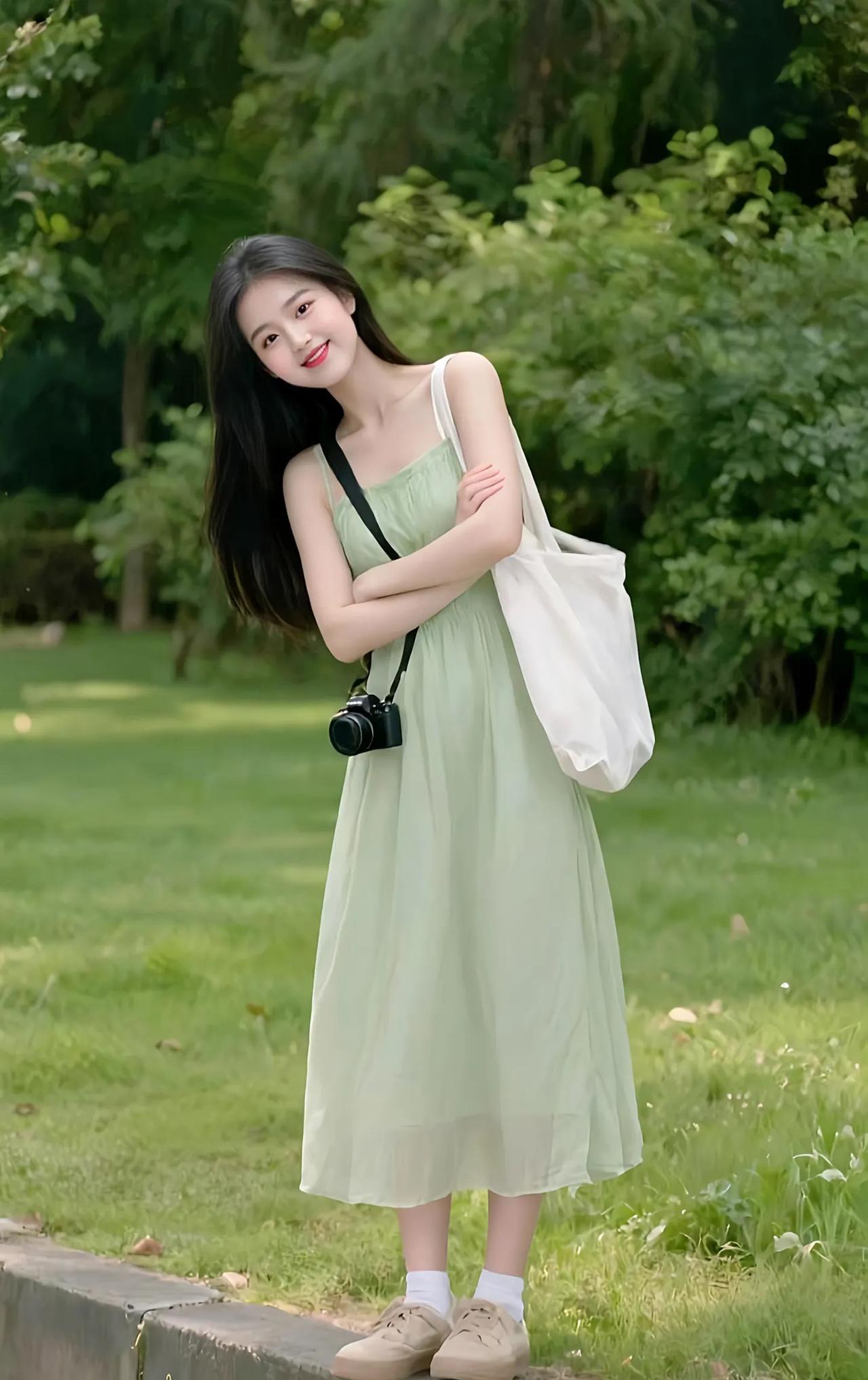 搭车的女孩绿裳轻挽发丝柔，笑靥盈盈映眼眸。相机斜挎添韵致，道旁俏立意悠悠。