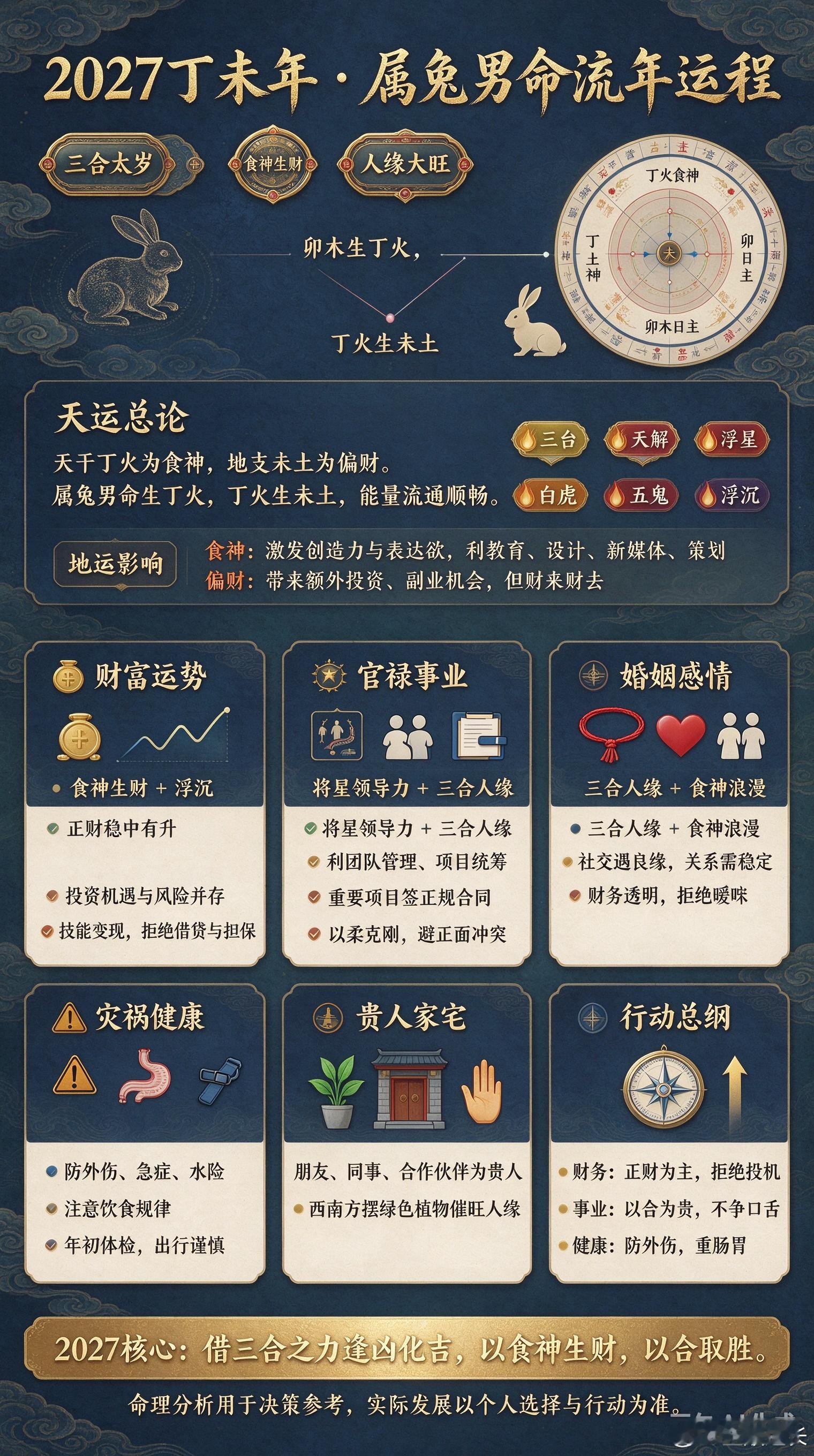 2027丁未年·属兔男命流年运程年度主题三合太岁·食神生财·人缘大旺类别星曜吉星三台、天解、将星凶星