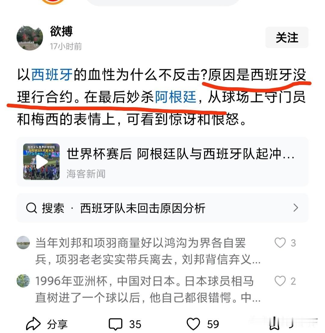 有网友说，赛后阿根廷队之所以攻击西班牙队员，而西班牙队员没有反击，是因为西班牙没
