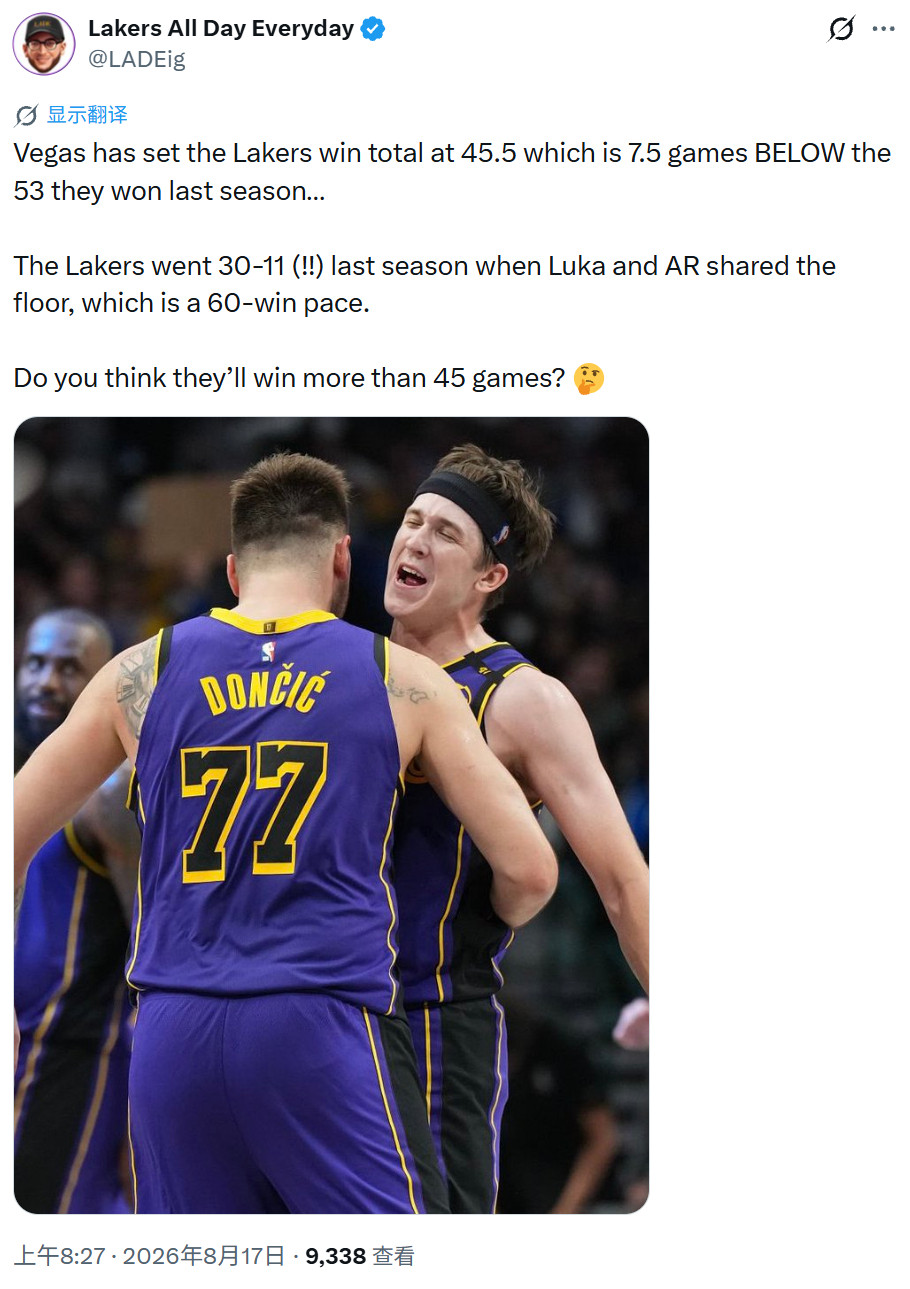 湖媒LakersAllDayEveryday：拉斯维加斯机构给出的湖人胜场