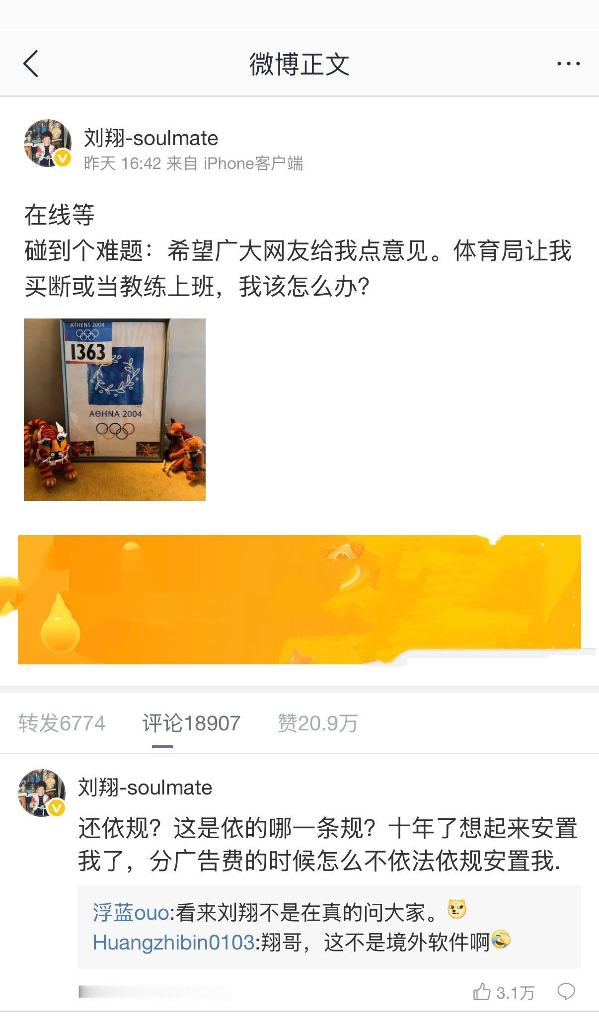 我同情刘翔，非常希望这位为中国人、也是为亚洲人拿下第一块110米栏奥运金牌，并创