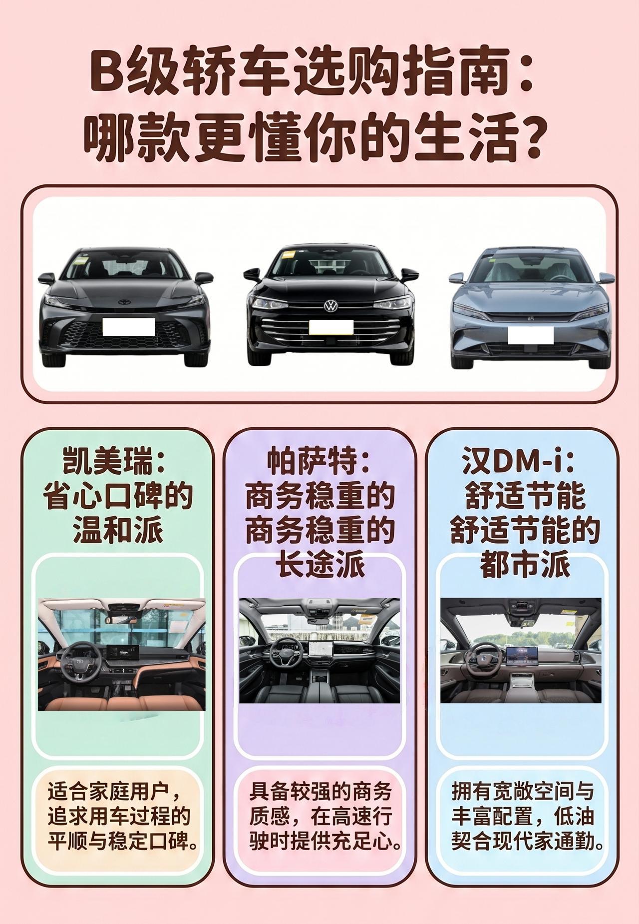 【B级车还买油车吗：凯美瑞、帕萨特、汉DM-i怎么选？】我认为选B级车，看的不