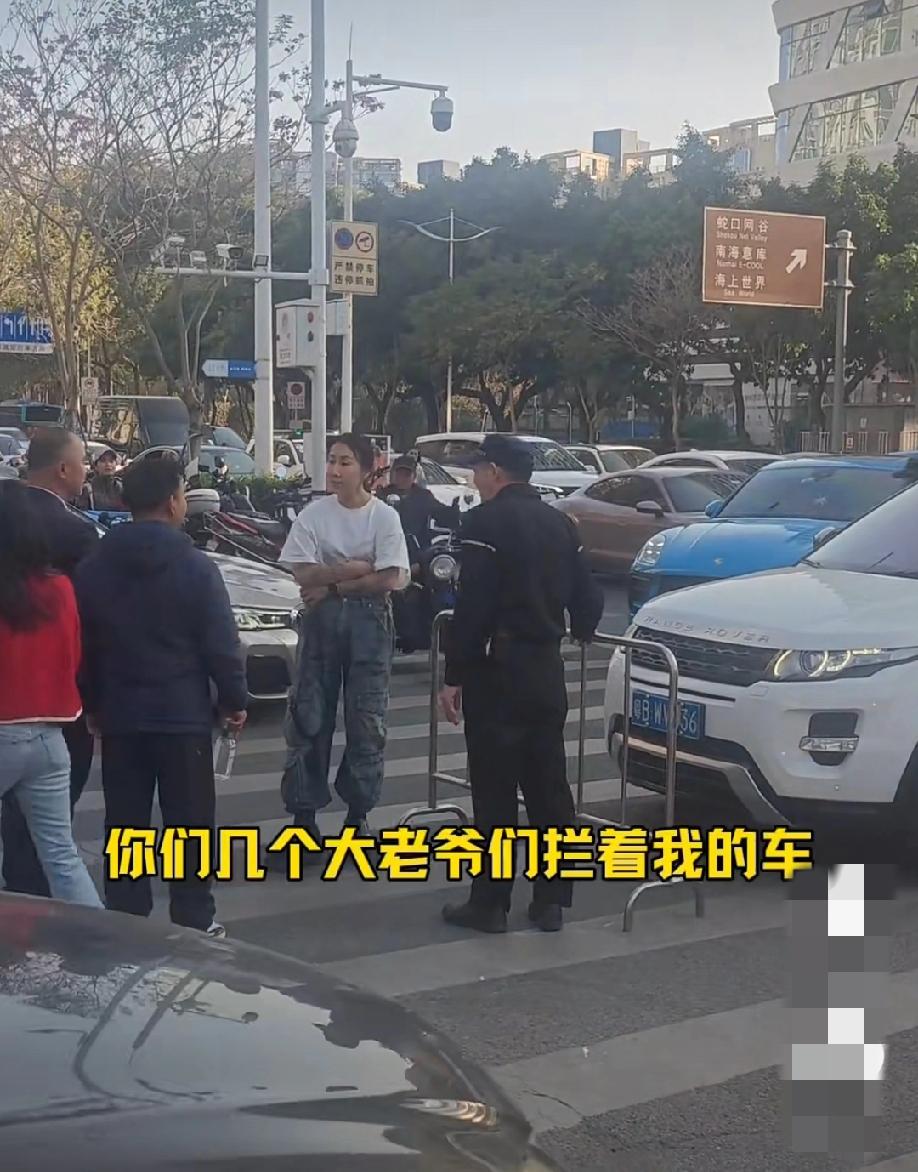 路虎女车主开车插队被拦，放她进去的时候她不走，随后与几位阻拦的保安发生争执，张口