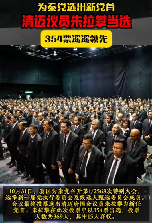一张反对票都没有！354票赞成，15票弃权。泰国为泰党就这么选出了新老大。这