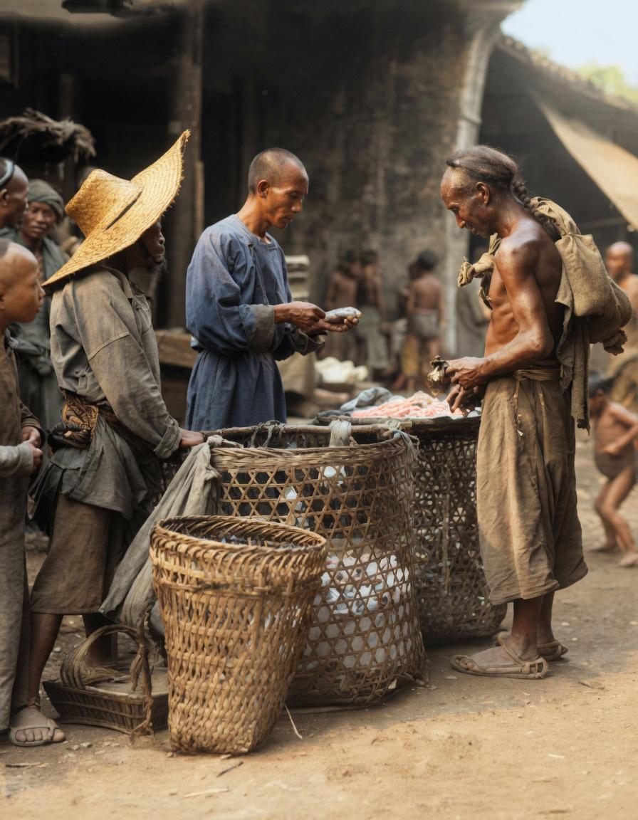 清末，四川安县街头集市，三名男子围在竹编摊位前，中间身着长衫的商贩正低头清点钱币