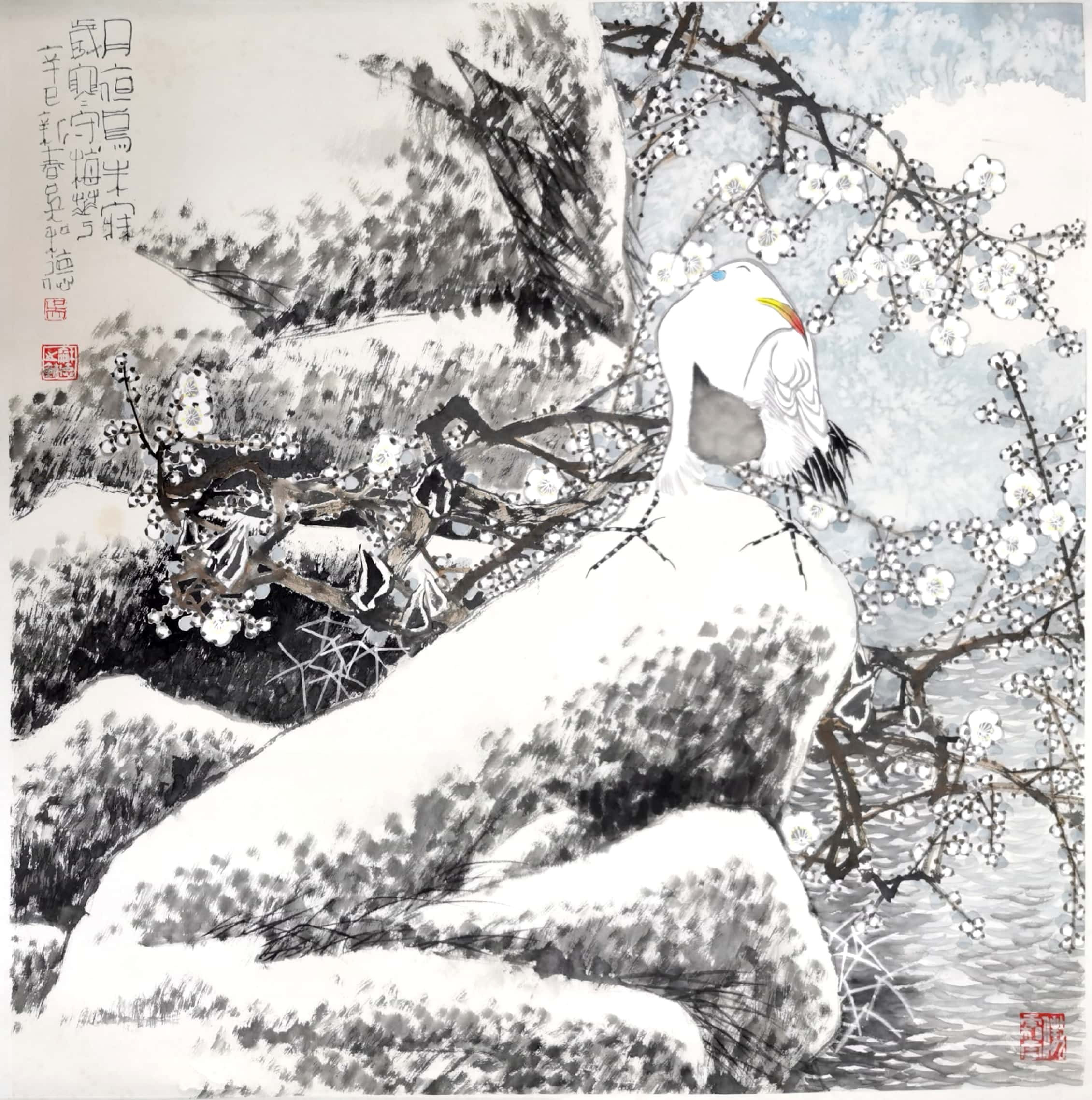 《水墨雪境·生命的姿态》以水墨晕染雪境，鹤的姿态舒展又沉静，梅的枝桠遒劲又温柔。