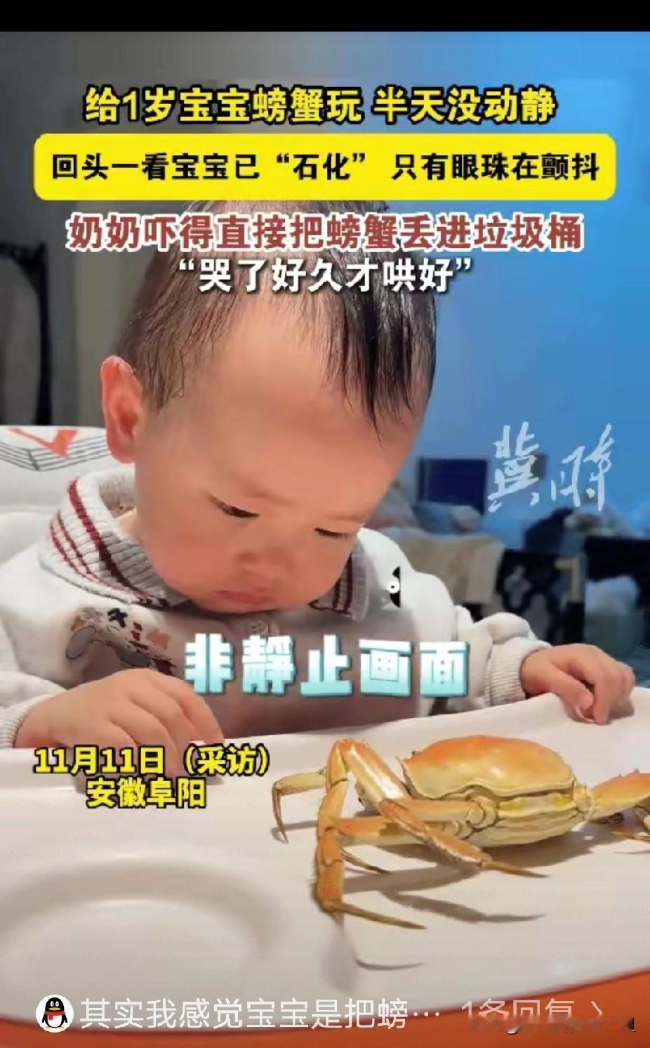 太可怕了！安徽一女子把煮熟螃蟹给宝宝玩，没想到宝宝一直盯着螃蟹看，半天都没有动过