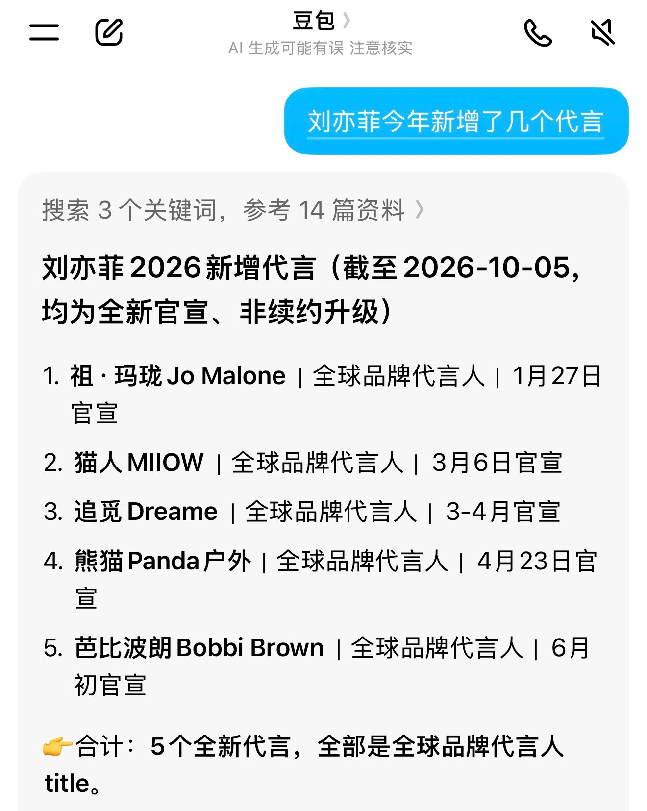 震惊，为了这个路人特意问了一下豆包，刘亦菲今年居然新增了5个全球代言……难怪人在