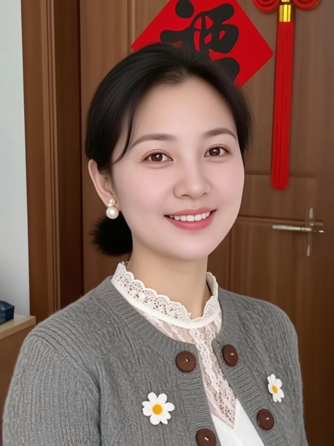 姐姐笑起来温婉又治愈！灰色针织开衫缀着小白花，配蕾丝内搭，温柔中透着精致。珍珠耳