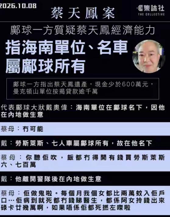 张燕花在法庭上不断证明蔡天凤能赚钱，有钱，养着邝球一家，给人一种她要证明邝球名下