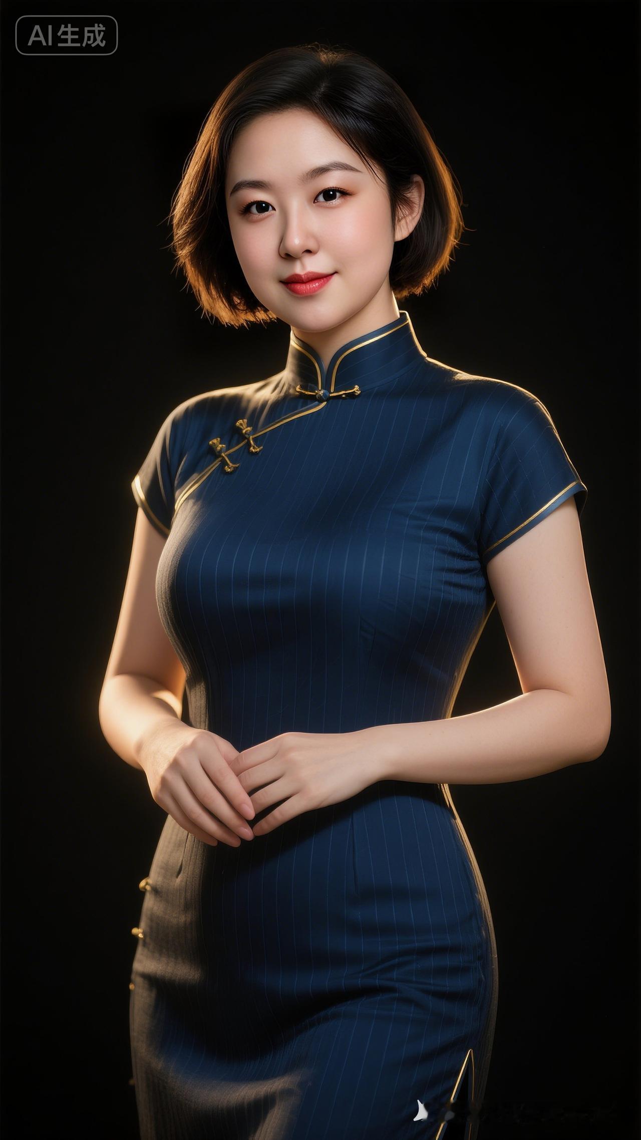 丰满女性身着紧身藏蓝竖纹短袖旗袍，精致利落短发衬得轮廓柔和，站姿优雅，双手交叉于
