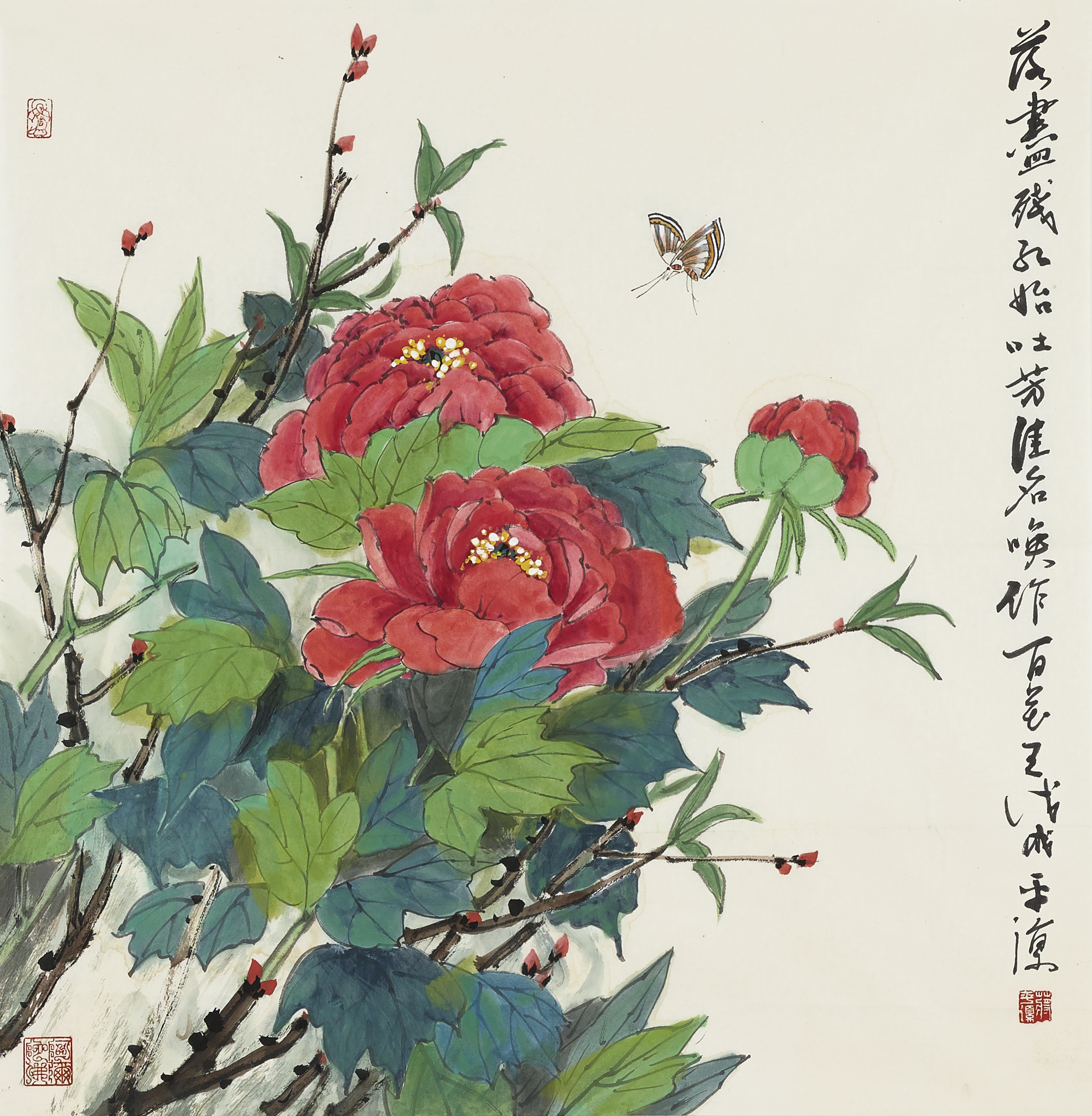 《国色新妆，唤醒春天》画家笔下的牡丹，红得深沉而不俗艳，绿叶宽厚而富有生机。结合