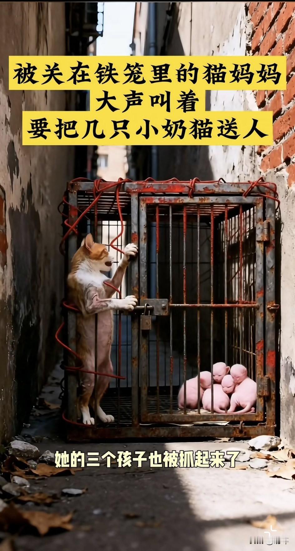 泪目了！一只怀孕的流浪猫妈妈不慎被人抓了，并且把它关在了一个铁笼子里，结果它在铁