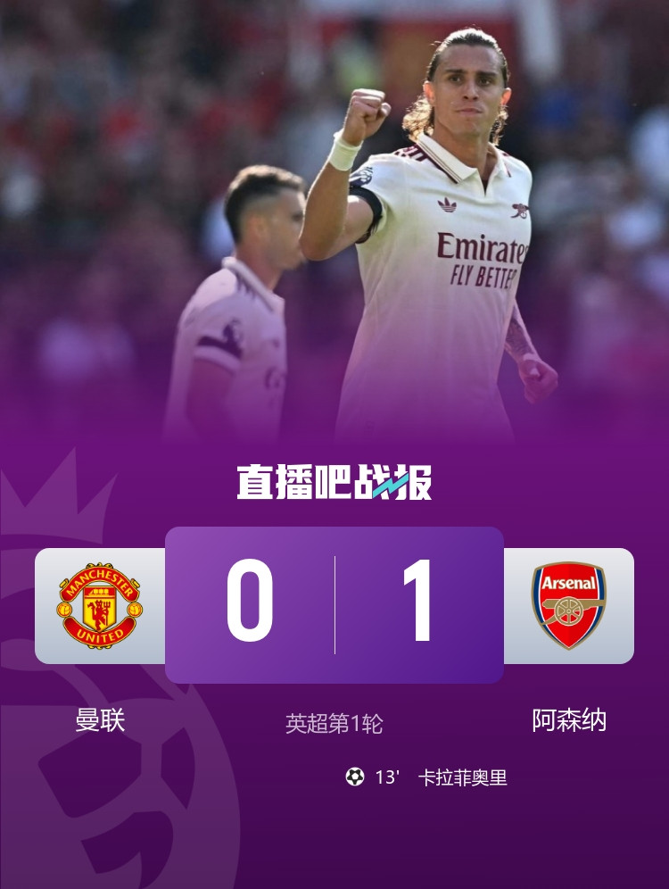 #曼联0比1阿森纳#英超首轮焦点战，曼联0比1不敌阿森纳；卡拉菲奥里头球制胜，
