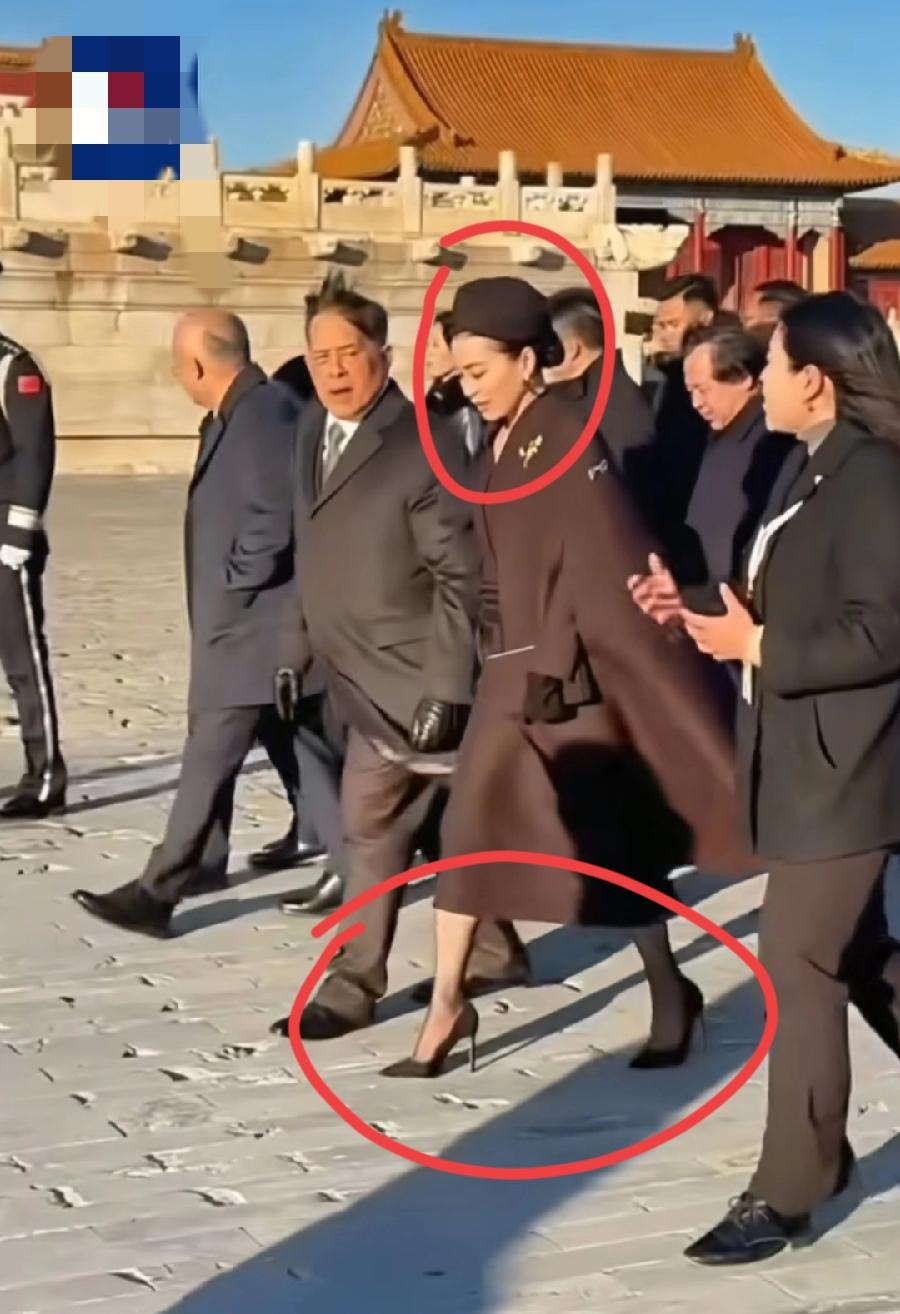 泰王夫妇游故宫，王后苏提达走路，几乎全程低着头，啥也没怎么看！穿着尖头高跟鞋，故
