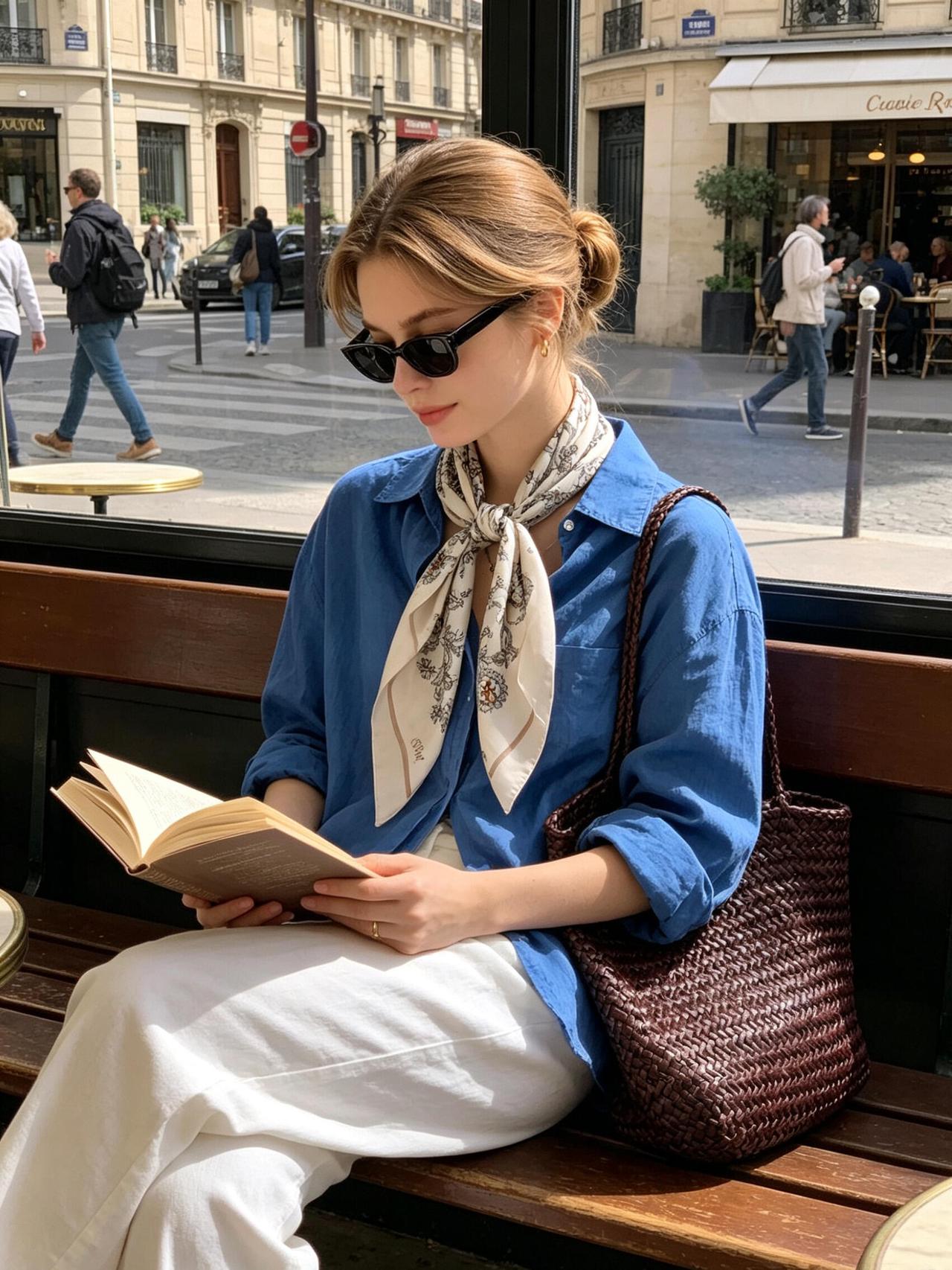 一条丝巾就能提升时尚感，这样搭超优雅！克莱因蓝衬衫配白色下装，用印花丝巾绕颈或披