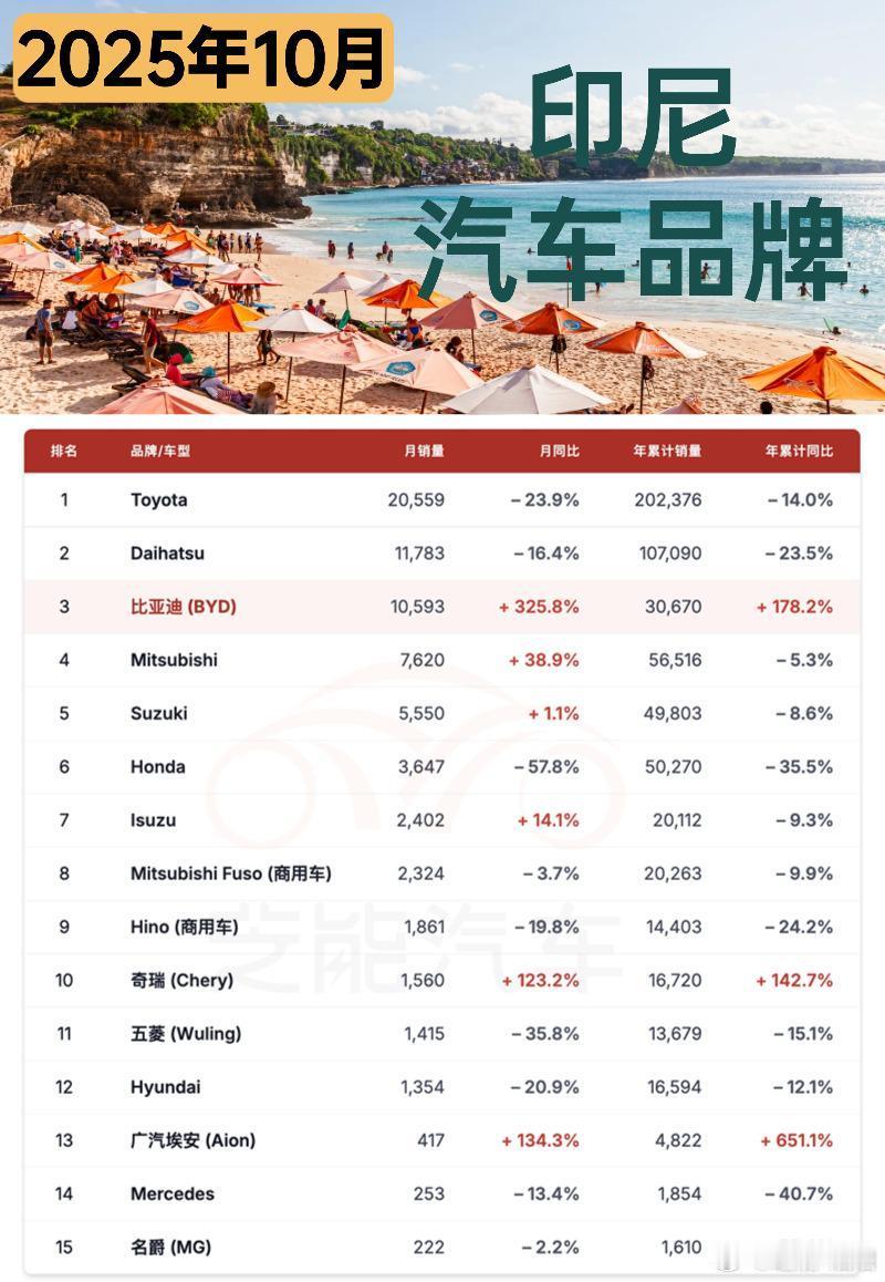 2025年10月印尼车市整体下滑，累计销量也呈下降态势。中国品牌表现抢眼，