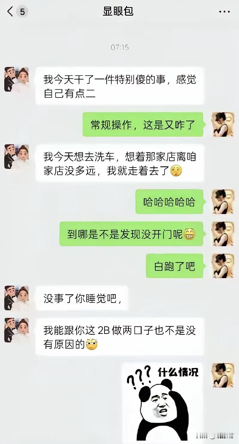 两个蠢货，一对奇葩。一个去洗车居然是不开车而是用腿走的，另一个听完不仅没听懂对方