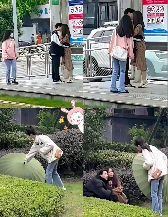 路边偶遇情侣当众亲热，粉衣服女生站一旁看得浑身不自在。实在看不下去，她跑去花坛