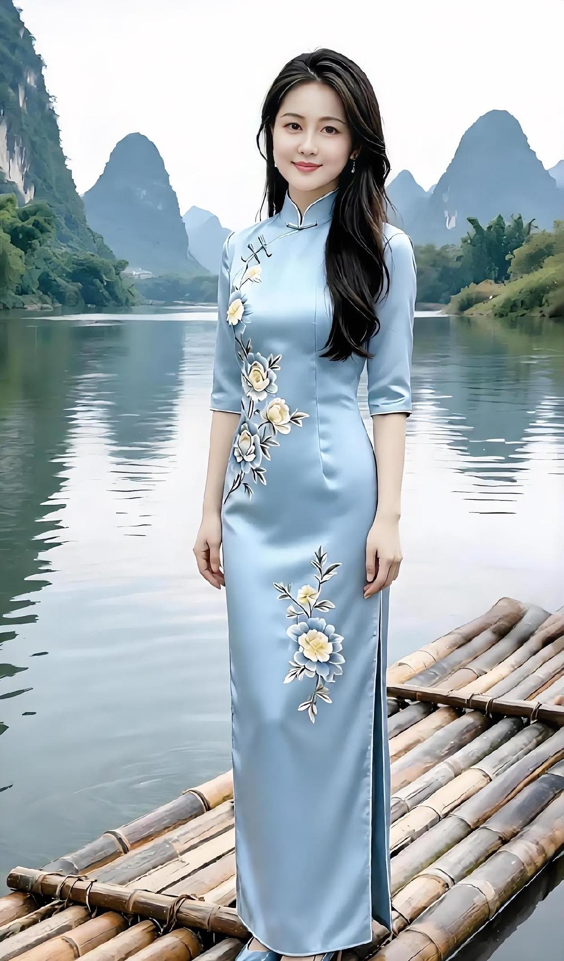 看，山水都静了。浅蓝旗袍绣着花开，竹筏轻托倒影来。远山含黛，碧水温柔
