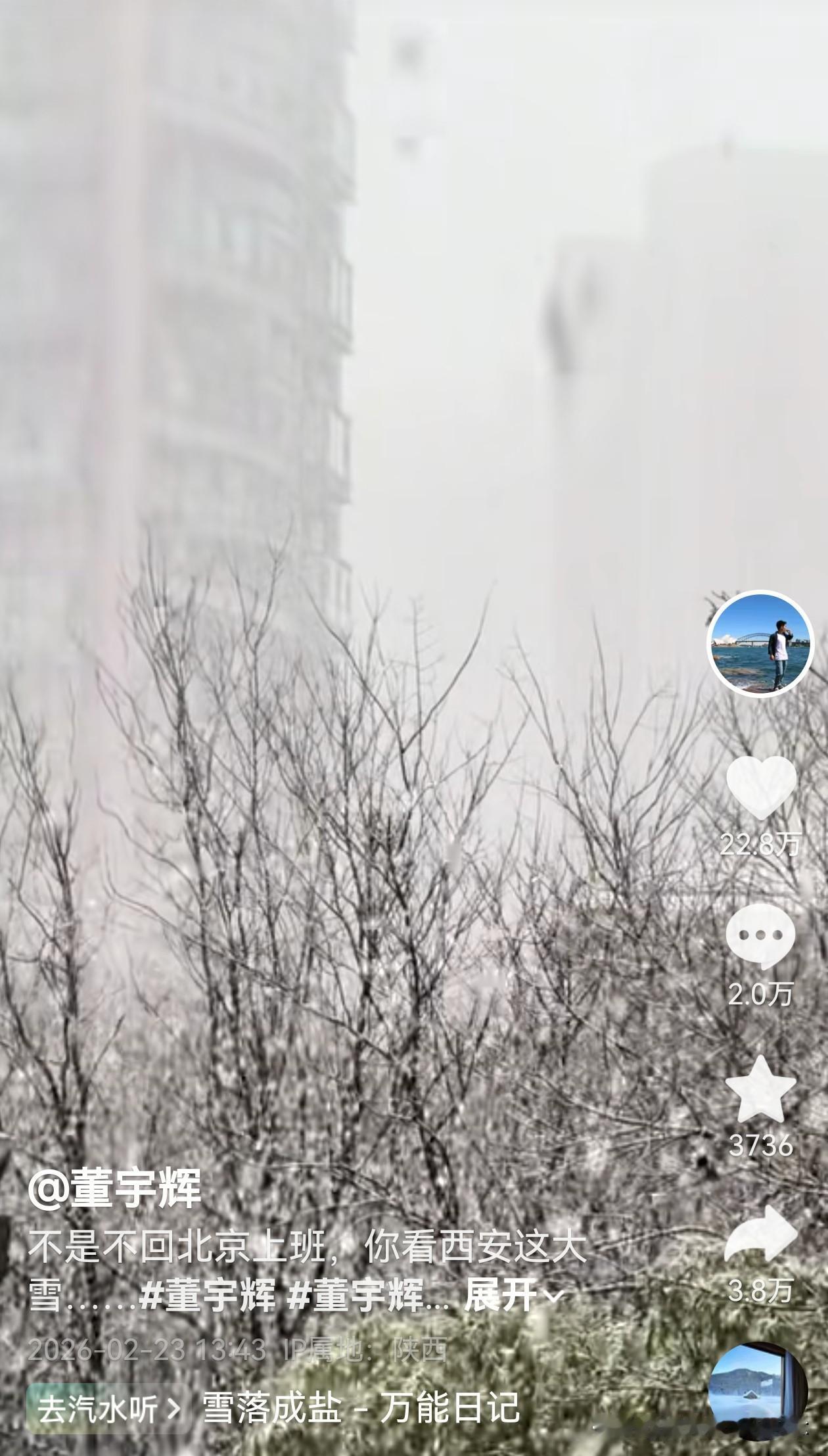 宇辉更新视频说西安下大雪了，我以为他是想翘班了发了个假视频，事实是西安真的下