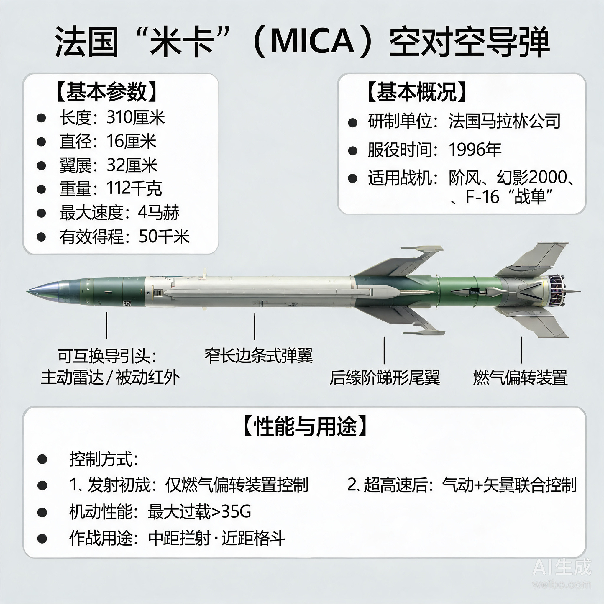 军事ai新视野法国“米卡”空对空导弹长度：310厘米直径：16厘米翼展：32厘