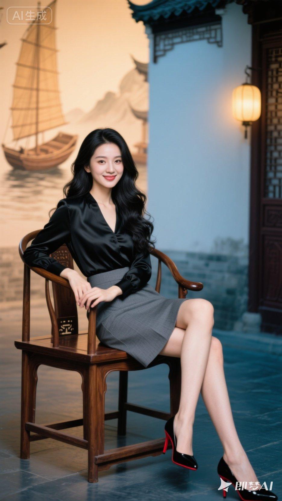 优雅东方韵味，黑丝绒与灰色裙的完美搭配，尽显现代与古典的交融。