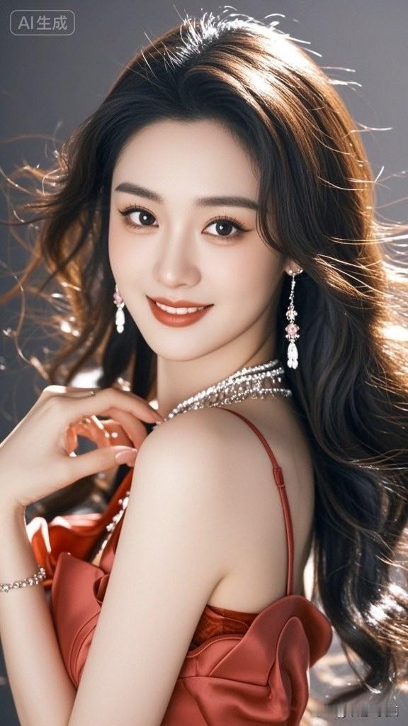 这位美女穿着红色礼服，真漂亮！