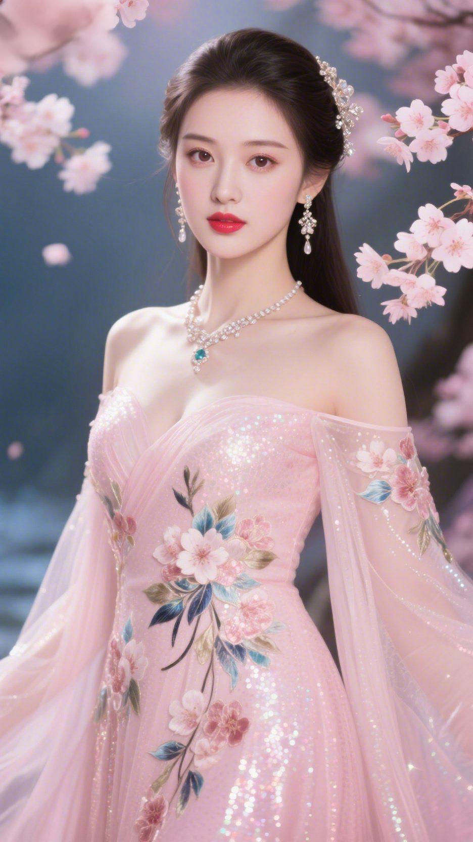 樱落晚风里晚风轻拂，落樱簌簌沾了肩头。一袭粉纱如流云轻垂，裙裾间绣就的樱枝