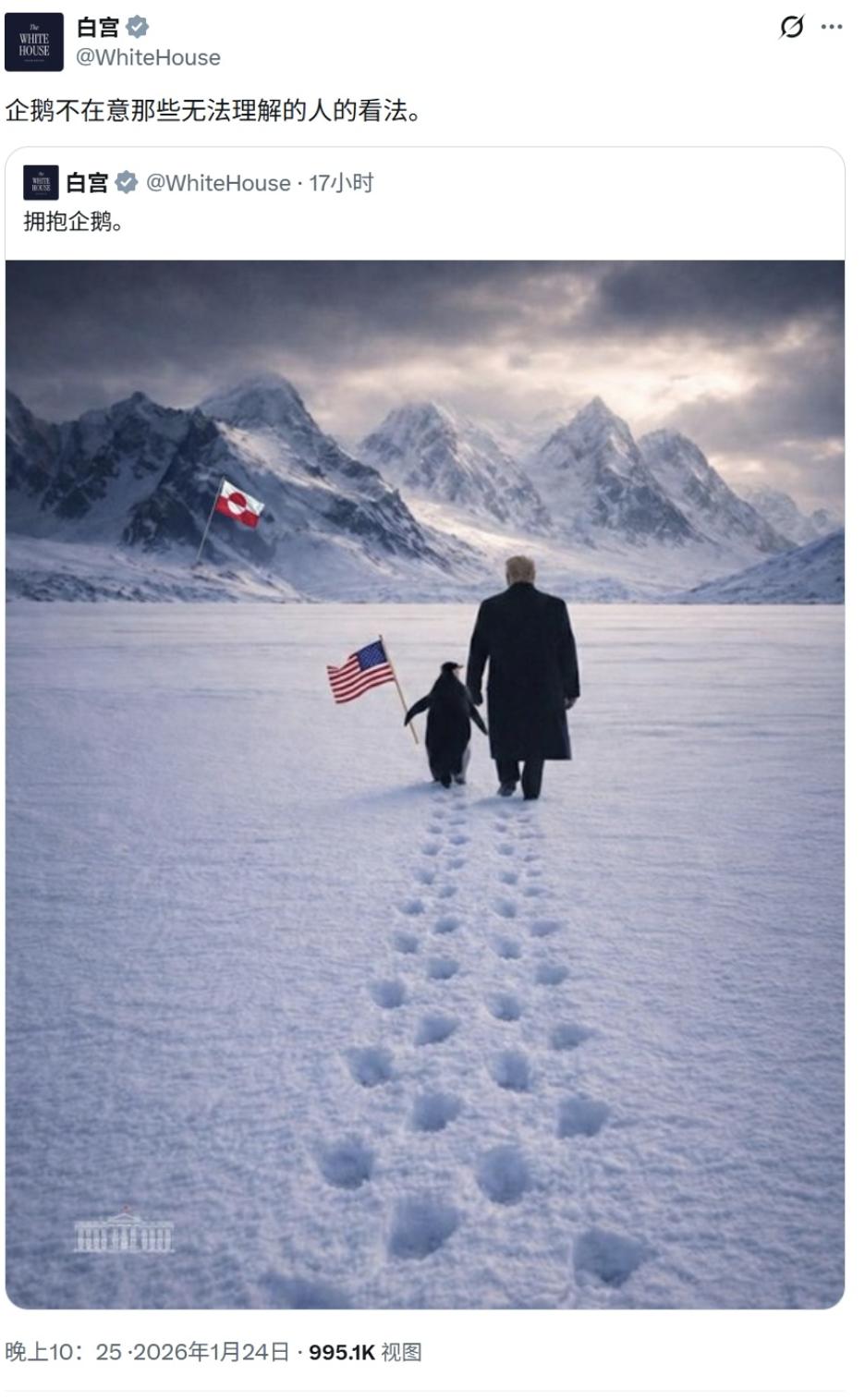 玩梗还得是国家队。图一，是白宫自己发的。为什么牵的是企鹅？网友觉得是，牵北极
