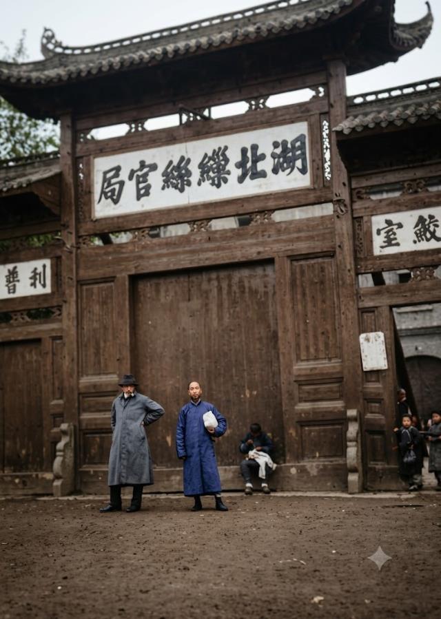 清末，武昌湖北缫丝官局的老牌坊大门，飞檐木构牌楼古朴厚重，门楣上书繁体“湖北繅絲