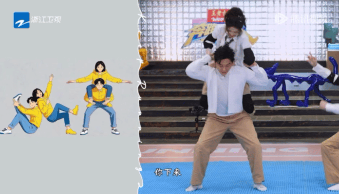 白鹿骑李晨脖子上李晨扛着白鹿踩指压板奔跑吧指压板+负重=痛并快乐。李晨背着