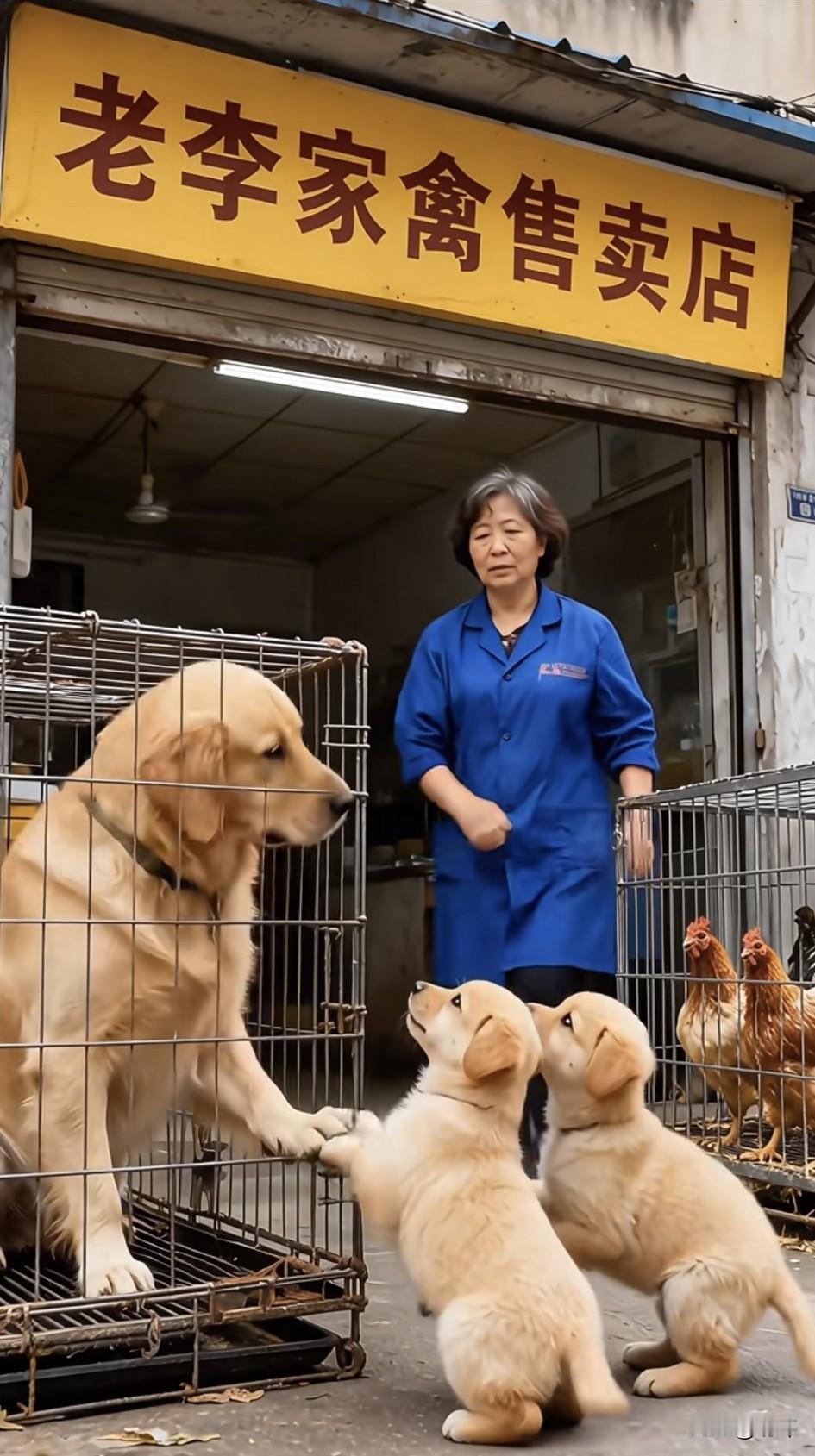 太感人了！一位阿姨开了家家禽售卖店，这天有人卖给它一只狗妈妈，她把它关在一个铁笼