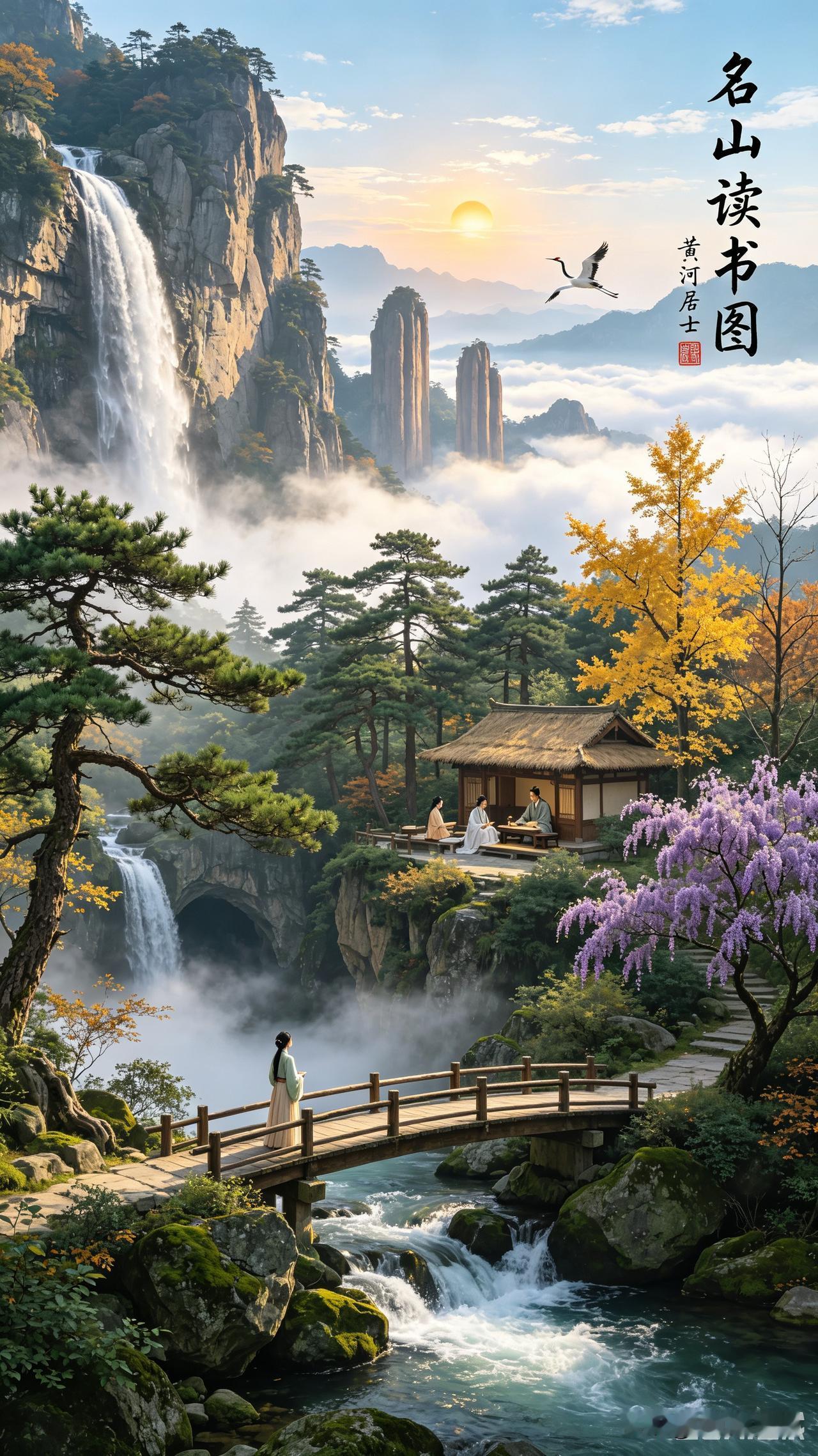 国画水墨，风光摄影《名山读书图》