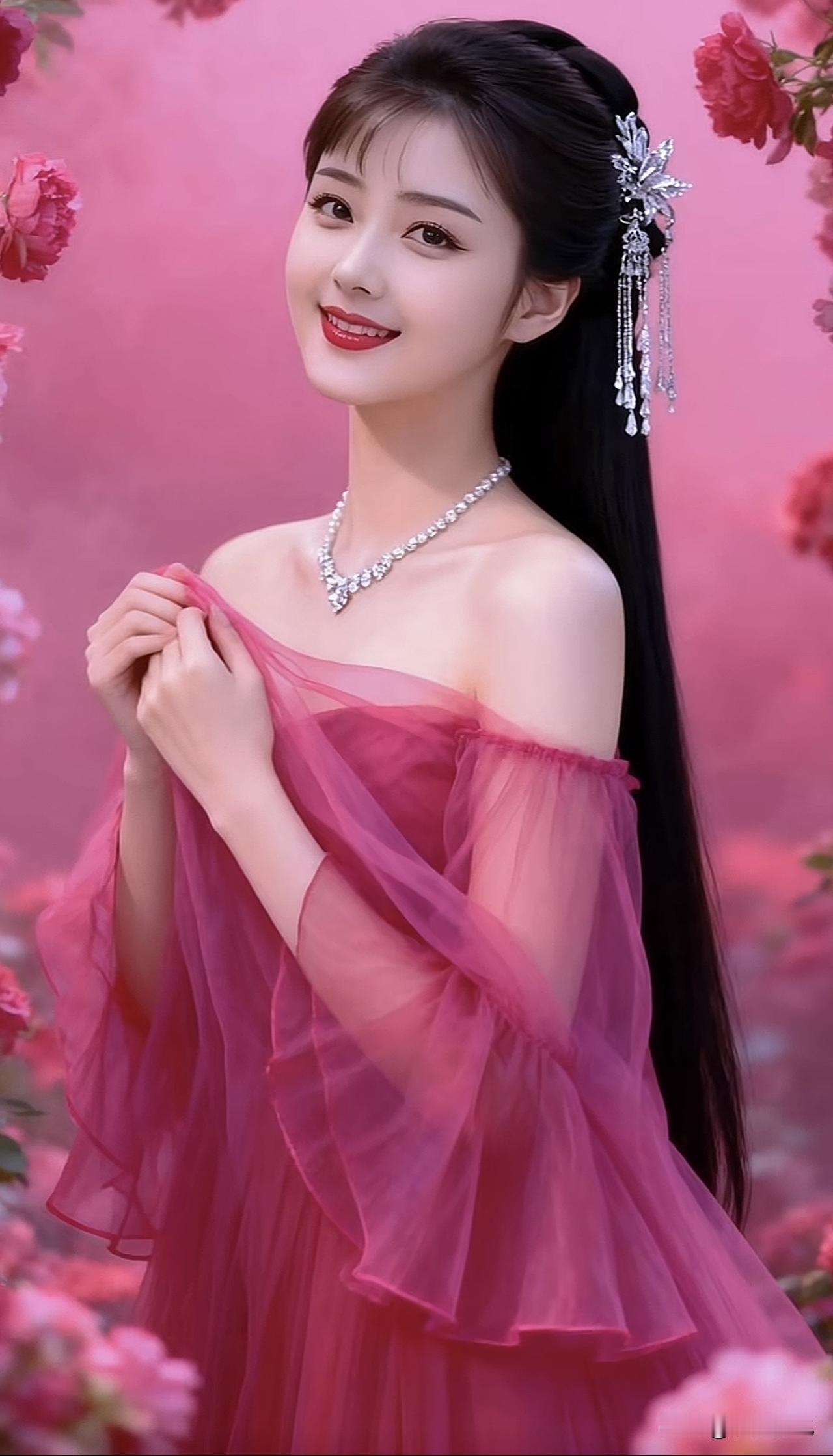 粉衣美人倚花笑，玉簪轻挽发如瀑。粉裙花畔照紫裙倚坐古典红裙少女紫裙倚坐簪