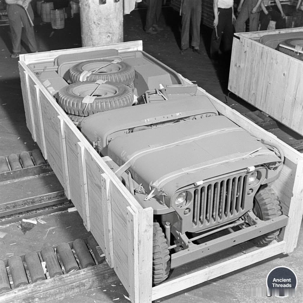 “装在箱子里的吉普车”。这些组装好的吉普车即将离开位于俄亥俄州托莱多的威利斯-奥