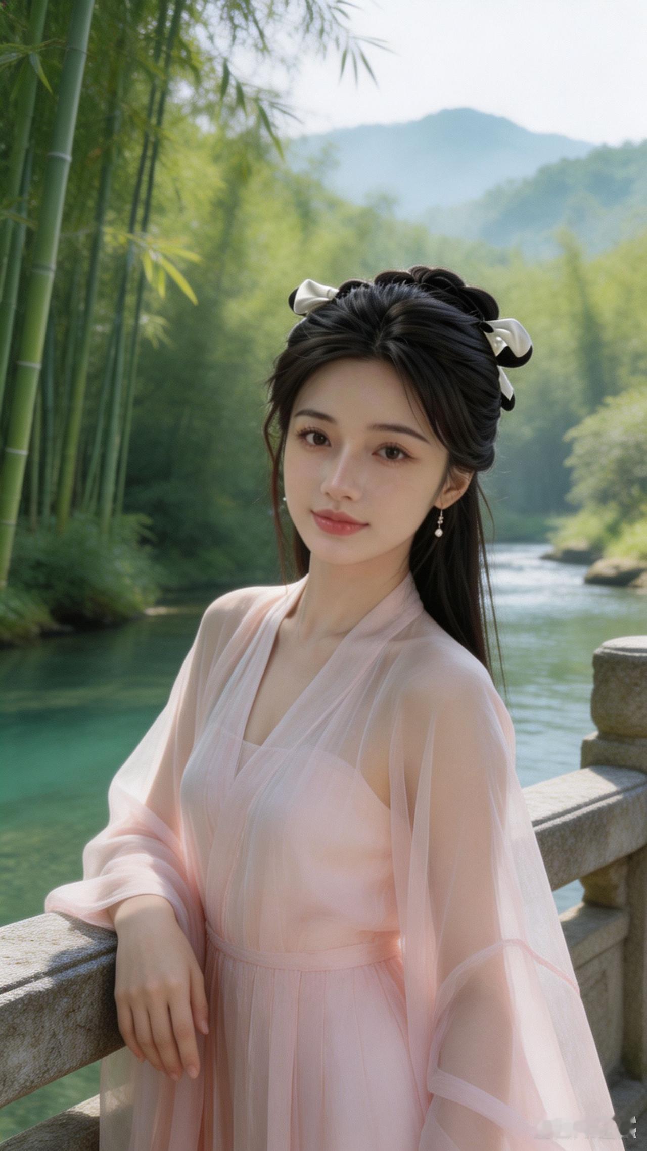 这位美女在河边，穿着汉服，好漂亮！