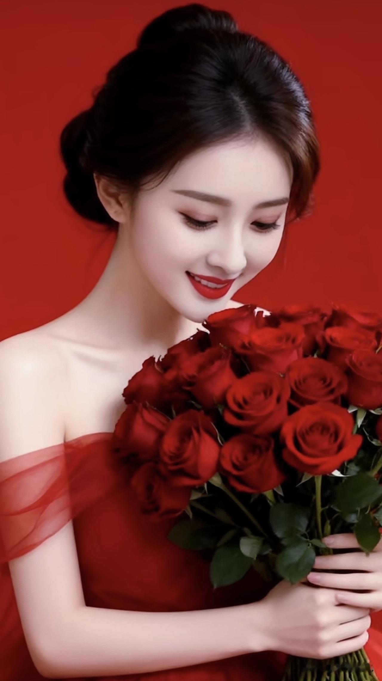 红衣美人捧玫瑰，情意绵绵似海深。红衣女拍照玫瑰红装美女红衣花朵玫瑰红装美女