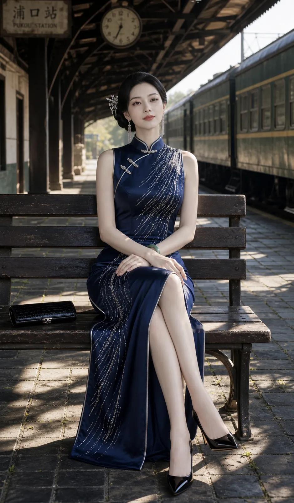 一袭深蓝色流光旗袍，宛如夜色中盛开的幽兰，静谧而深邃。无袖的剪裁大方地展露着圆润